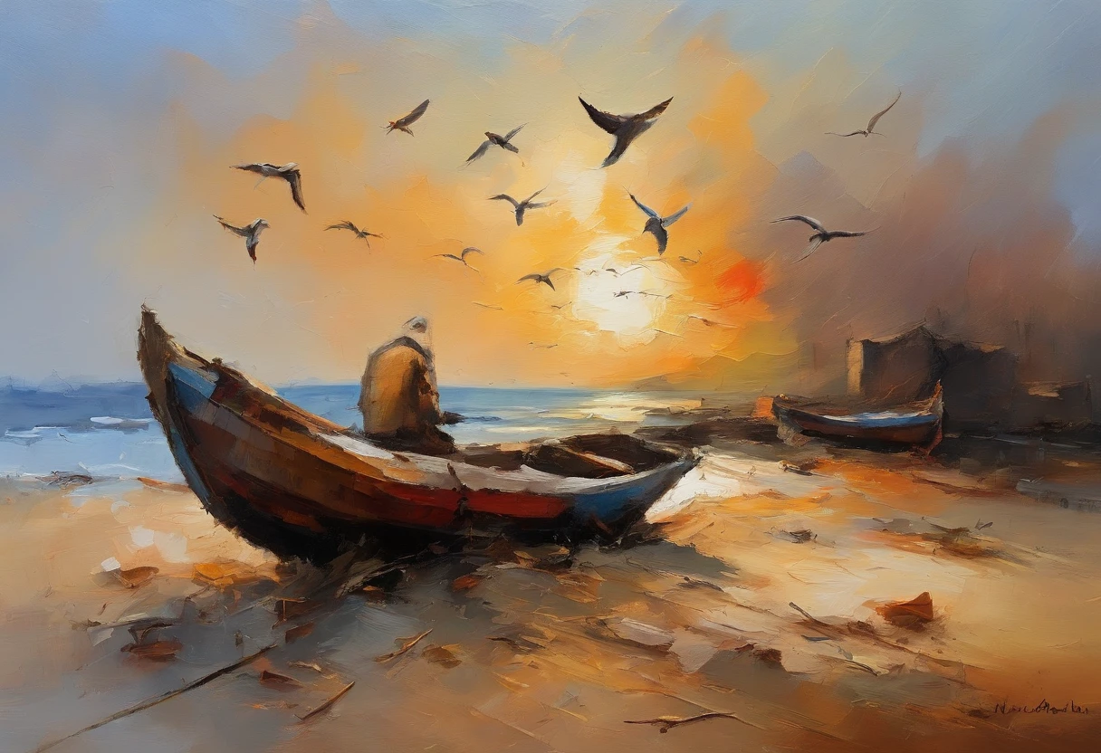 A broken boat on a dirt beach behind an Arab fisherman carrying a group of fish at sunset and seagulls flying on the horizon
