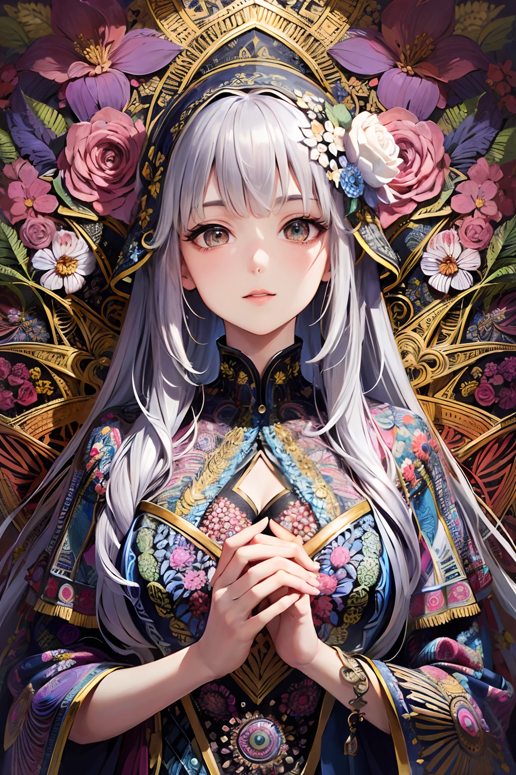 absurdres, highres, ultra detailed, (ultra-detailed background, detailed background), extremly detailed, 1girl, bunch of flowers, (zentangle:1.2), (geometric:1.2),