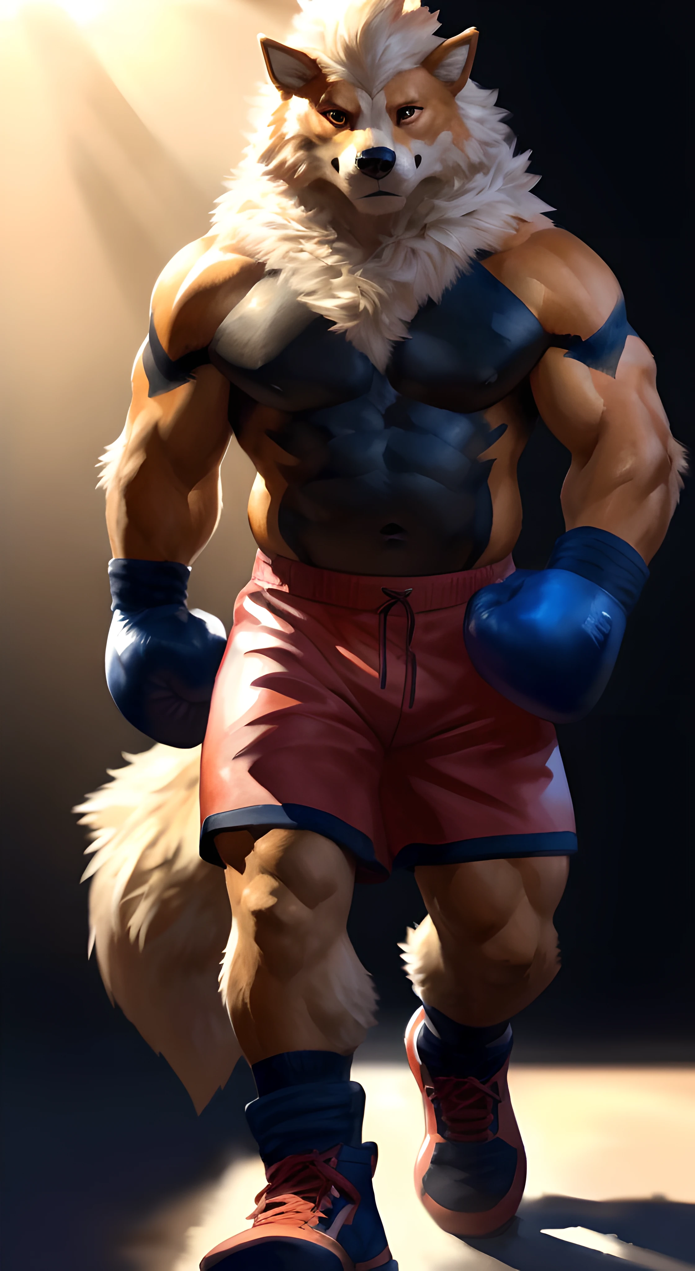 anthro Arcanine, wearing boxing gloves, (front view, walking towards camera:1.3), 4k, high resolution, best quality, posted on e621, (solo:1.2), anthro body, male, (mane:1.1), adult, very masculine, (very muscular, heavyweight:1.3), correct anatomy, (black background with white spotlight:1.0), (by wfa:0.4), (by Taran Fiddler:1.0), (detailed eyes:1.2), (cel shaded:1.2), cartoony shading, (watercolors:1.2), (fluffy tail:1.2), (full body:1.3), (boxing gloves:1.1), (boxing pants:1.1), (looking at viewer:1.2), (black stomach, black chest:1.2), (boxing shoes:1.1), serious face, serious eyes, shiny fur, backlight, confident, proud