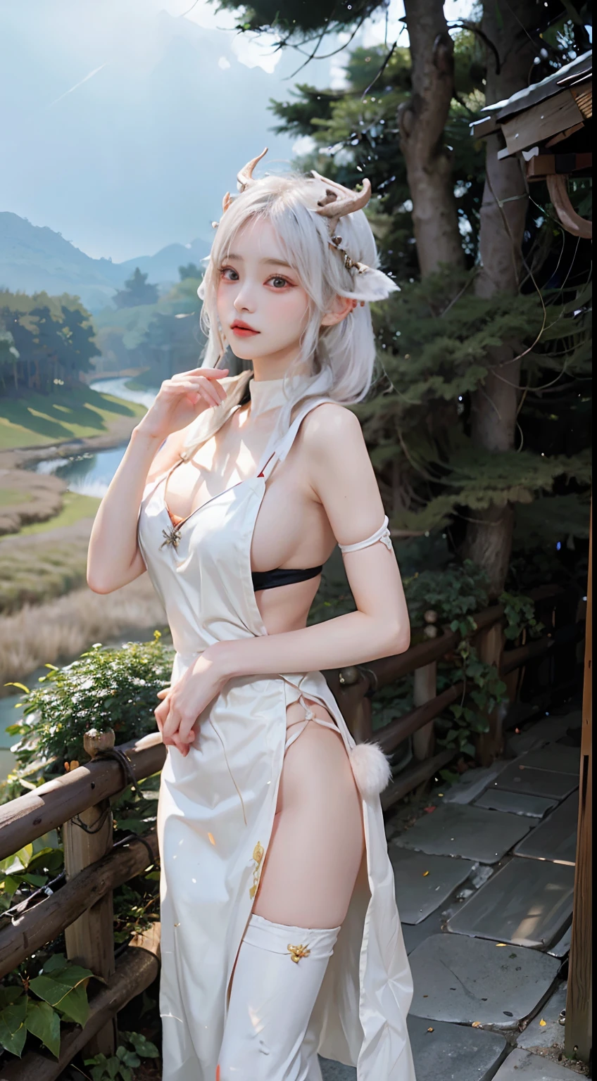 Woman standing in Princess Mononoke's cosplay。Faithfully reproduce the characteristics of Sun、White hair swaying in the wind、The head is decorated with deer antlers。San's signature costume is、Enveloping her body、Symbolizes harmony with the spirits of the forest。Her eyes lit up、Powerfully、Wild passion shines through。She is in the woods、And stands as part of nature、Showing peaceful coexistence with Mononoke。