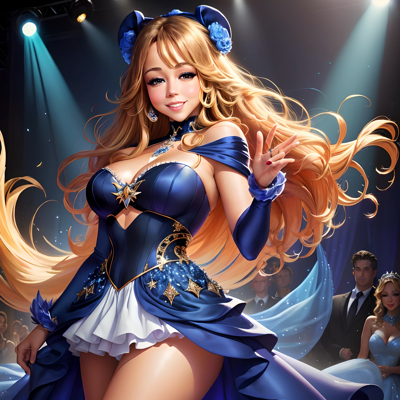 Mariah Carey posing at a fashion show in the style of a Disney princess and Dark blue outfit.