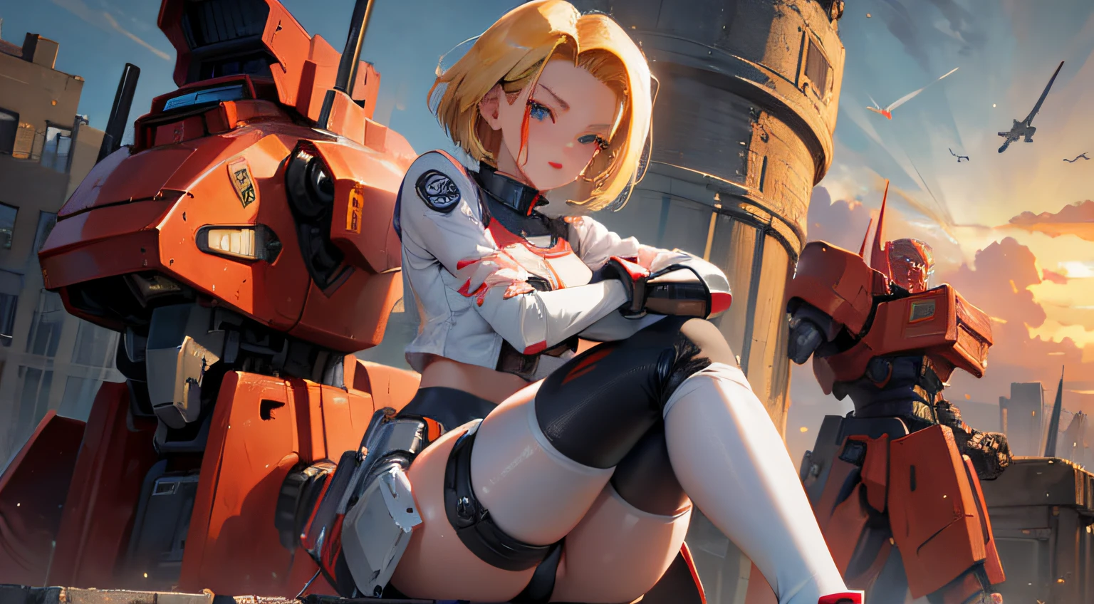 ((masterpiece)), one girl closeup, HDR, Hi Res, android 18, red lipstick, mecha musume, mecha armor, perfect face, perfect legs, perfect arms, perfect hands, crossed arms