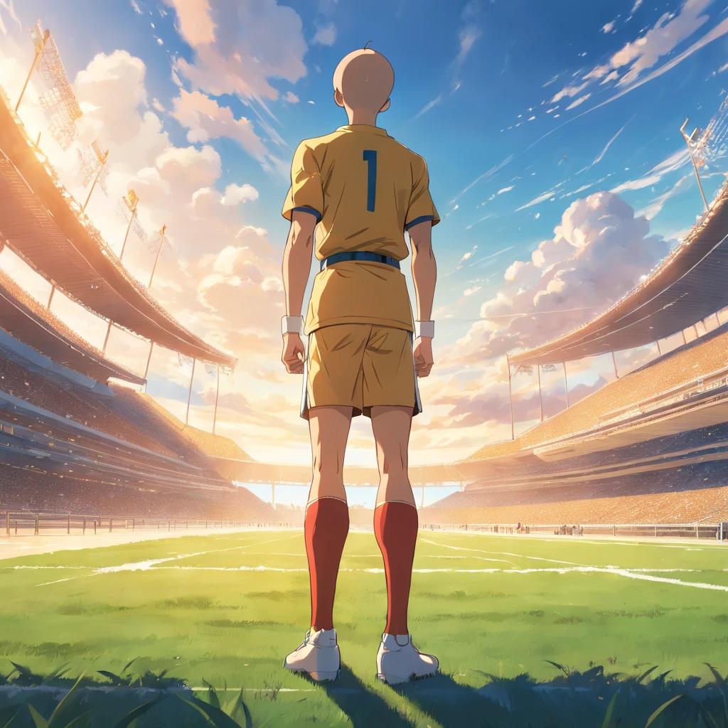 Saitama, Um homem de soco, masculino, stadium, blue cloudy sky, field, looking at viewer