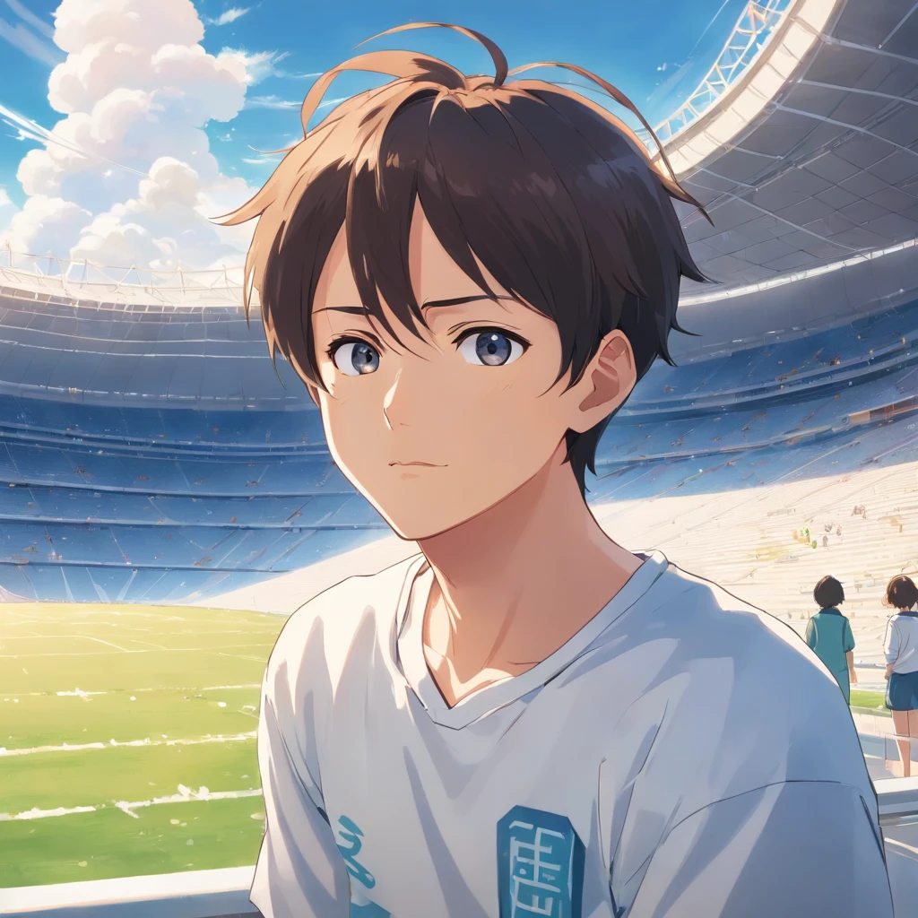 Saitama, Um homem de soco, masculino, stadium, blue cloudy sky, field, looking at viewer