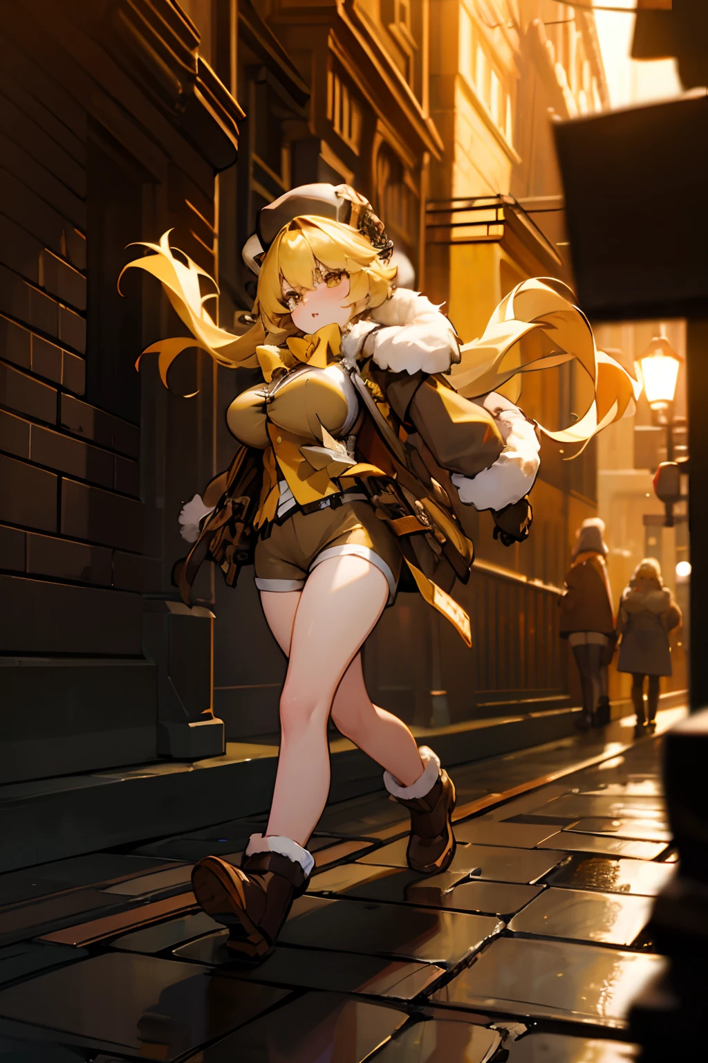 masterpiece, best quality, ((hook)), blonde hair, (yellow hair), gloves, yellow eyes, boots, 1girl, (fur trim), (jacket), bangs, bow, (fur hat), (shorts), looking at viewer, long hair, walking, solo focus, brown gloves, brown footwear, open clothes, long sleeves, full body, bowtie, shirt, (open jacket), (brown shorts), (brown jacket), adult body, athletic body, divine proportions, large breasts, busty, (sexy), sexy legs, angry, tsundere, dark alley, night, cobblestone streets, soft orange lighting, dynamic perspective, night life.