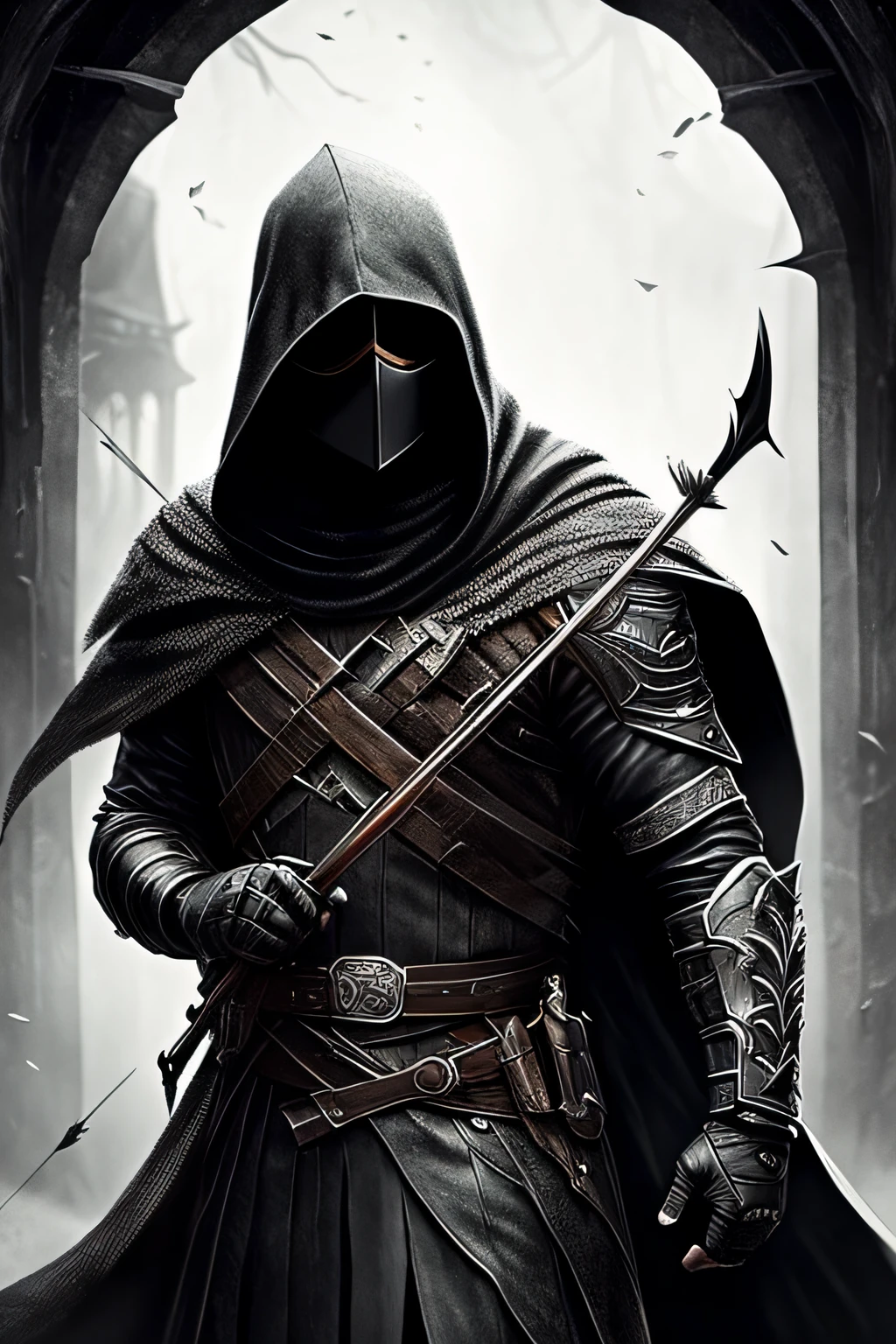 Stable Diffusion prompt:
"a man in black clothes, wearing a hood and a mask that only reveals the eyes, carrying a quiver of arrows on his back and holding a bow in his hands, portrait, detailed eyes, detailed lips, 4k resolution, ultra-detailed, realistic:1.37, dark and atmospheric, dramatic lighting, intense shadows, professional, vivid colors, concept art, black and white tones, high contrast"