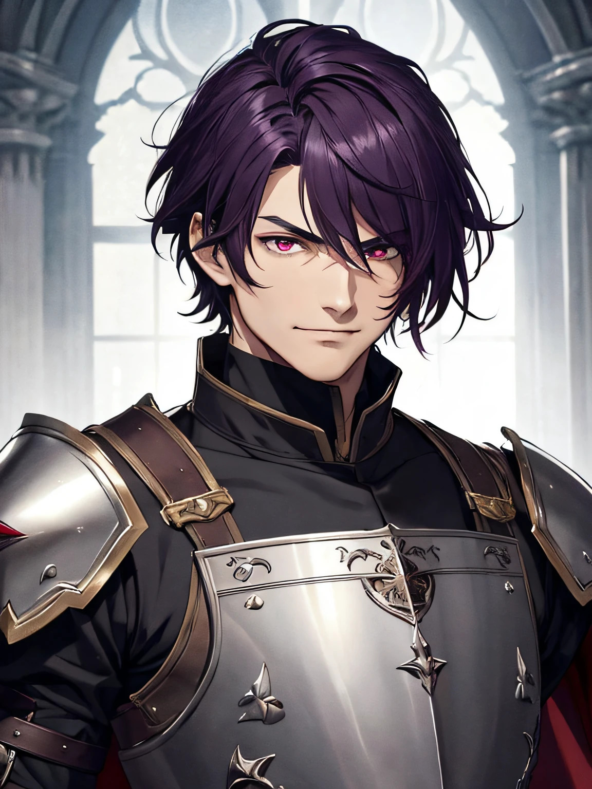masterpiece, best quality, 1man, adult, masculine, strong, male focus, solo, dark purple hair, smirk, man, short lenght hair, vibrant red eyes, looking at viewer, cape, badboy hairstyle, agressive, violent, sharp tooths, evil smile, High quality metal texture, bangs, high collar,(kbxll:0.6), Fantasy aesthetics, Highly detailed, shadowverse style, medieval castle, knight, full plate armor, portrait