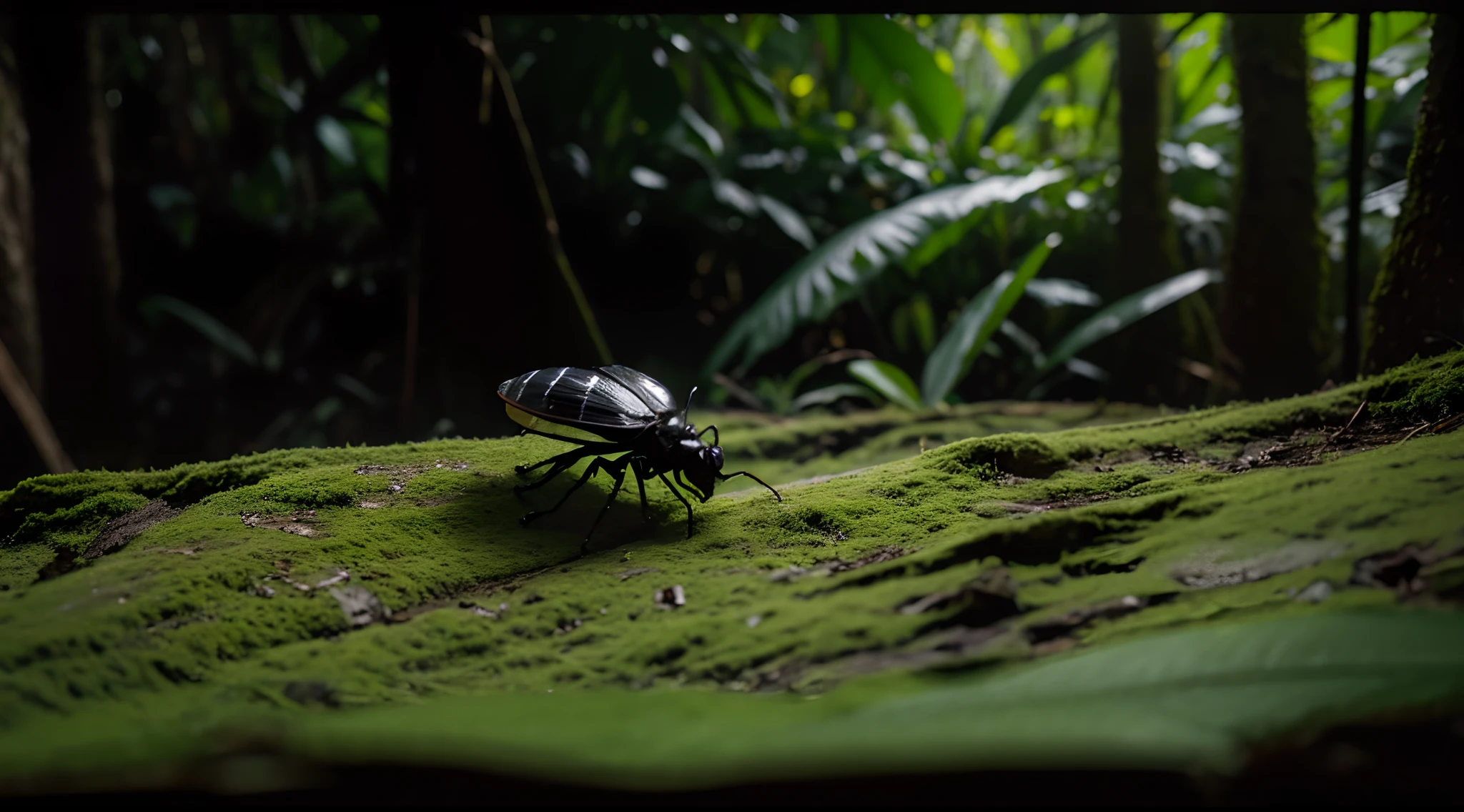 Stinky bug in dark hyperrealistic forest editorial photography, shot with a 50mm lens, Depth of field, Tilt Blur, Shutter speed 1/1000, f/22. Lightmaps, Super bright