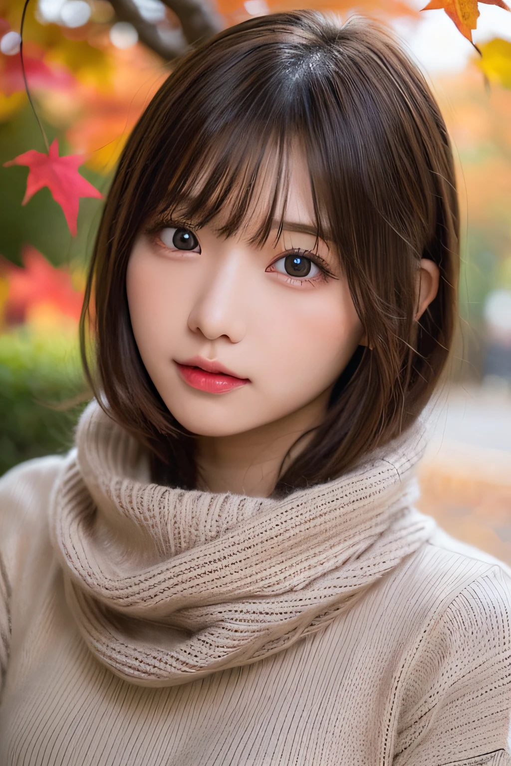 Masterpiece, Best Quality, One girl, (a beauty Girl, kawaii:1.3), (20 years old:1.3), Very fine eye definition, (Symmetrical eyes:1.3), (autumn leaves), (sweater, scarf:1.2), big breasts, big tits, big chested, double d tits size, show cleavage, Brown eyes, Parted bangs, Brown hair, girl