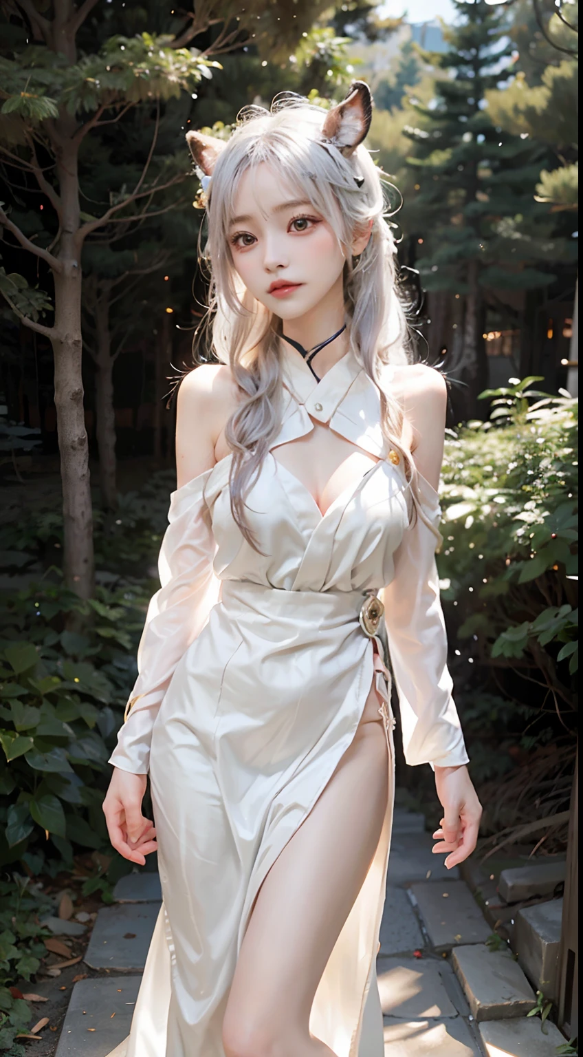 realistic, High resolution, 1 female, glowing skin, alone, wide lips,long hair,wavy hair, hip up,saggy breasts,small face,Anime character cosplay,Cosplayers,Costume costumes,white wall,concrete wall,background white,white hair,Color Contacts,Magical girl