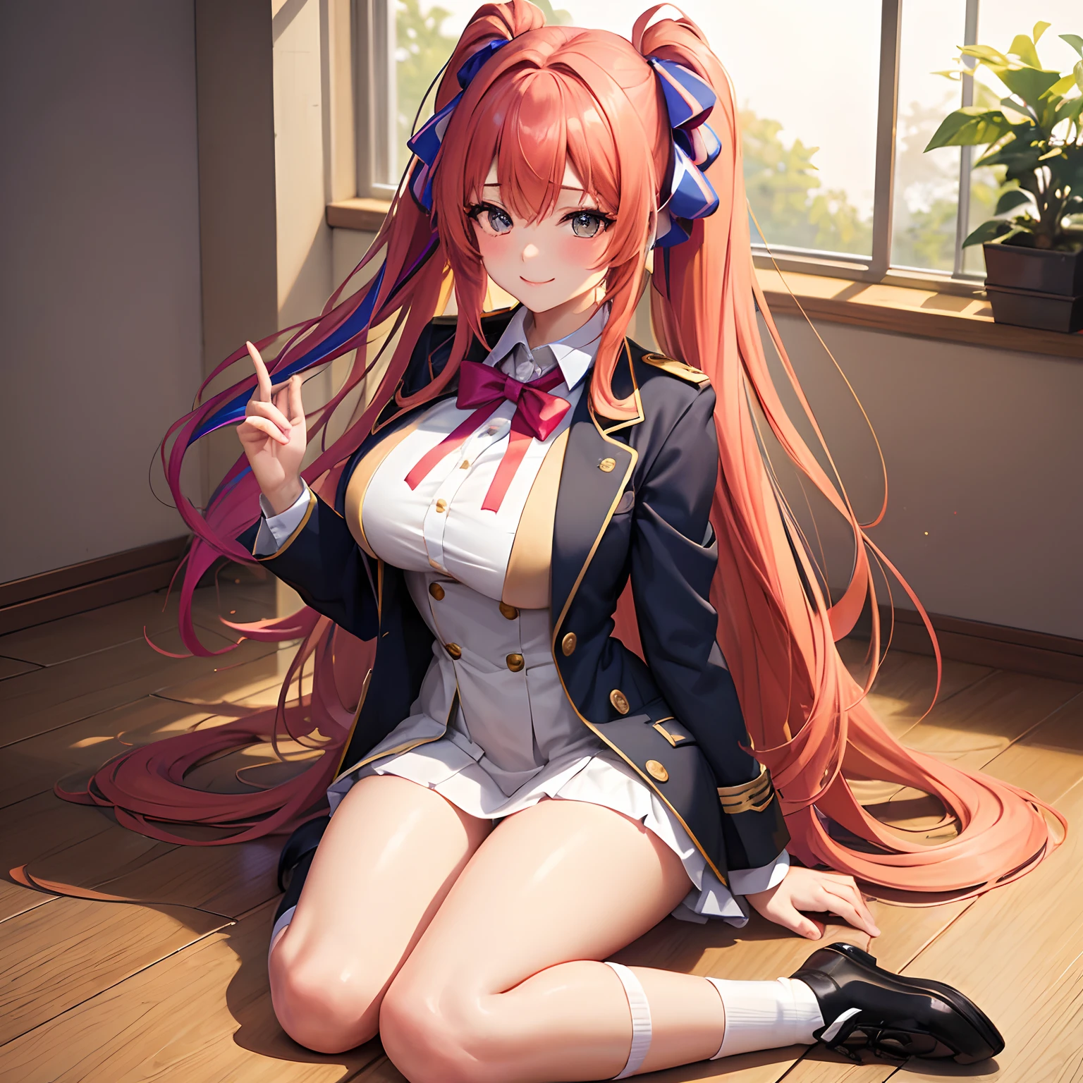 a beauty girl，harems，Multiple girls are depicted，Ribbon on uniform，blazers，A smile，girl，anime a girl，top-quality，Colossal tits，​masterpiece，Excellent style，Erotic Cute，long，超A high resolution，beautiful a girl，Lovely girl，multicolored hair，Loose socks，