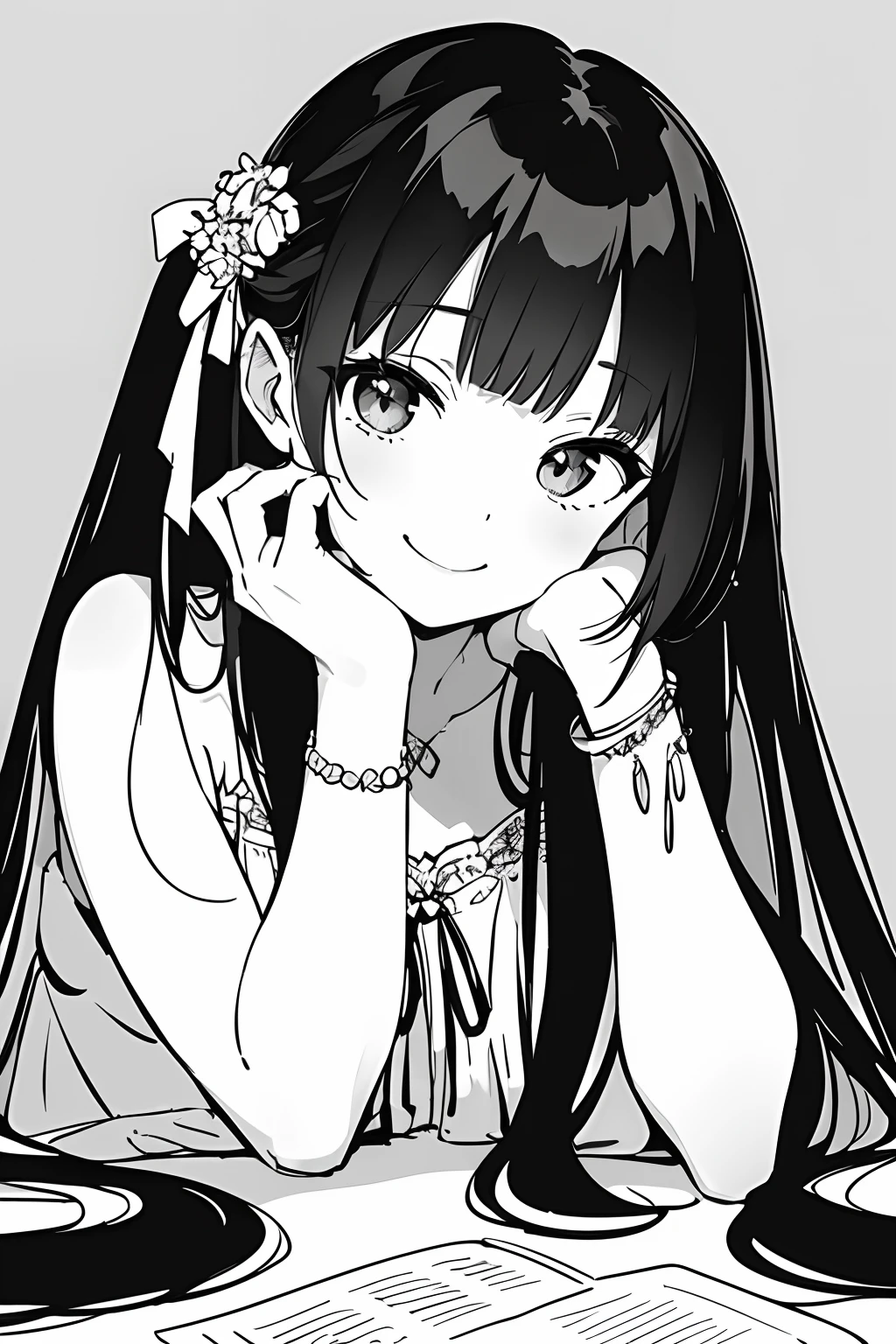 masterpiece, best quality, 1girl, solo, long_hair, looking_at_viewer, smile, dress, ribbon, jewelry, very_long_hair, hair_ribbon, flower, bracelet, two_side_up, hand_on_own_face, head_rest, hand_on_own_cheek, lineart, monochrome,