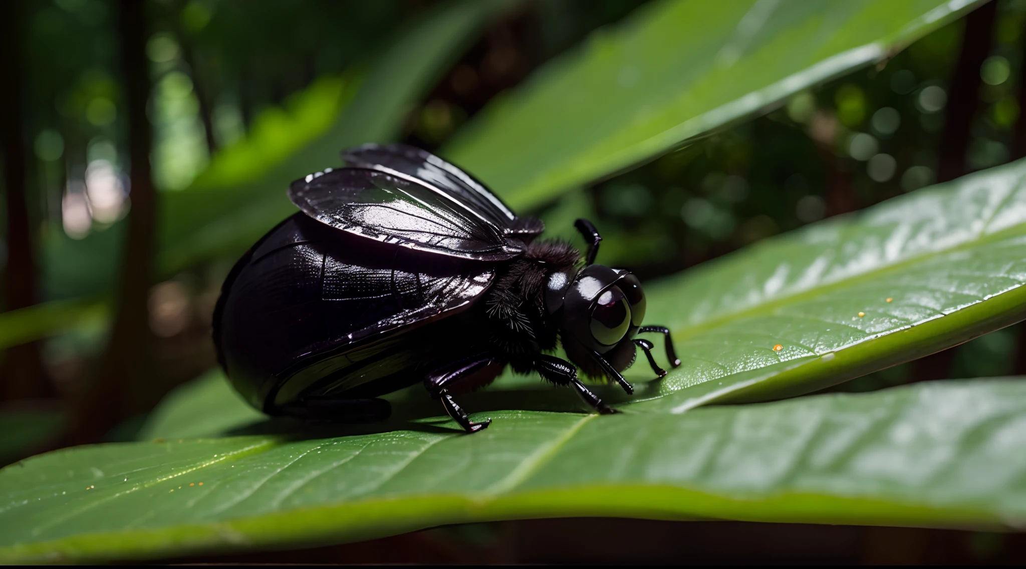 Stinky bug with cute large eyes in dark hyperrealistic forest editorial photography, shot with a 50mm lens, Depth of field, Tilt Blur, Shutter speed 1/1000, f/22. Lightmaps, Super bright