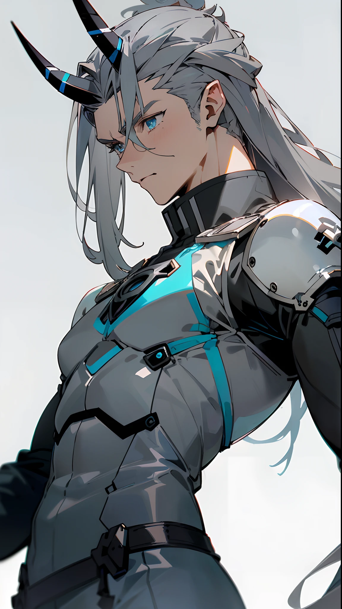 (masterpiece, best quality )detailed, 1Character , pastel washed out colors , cell shade , soft, muted shades ,gentle colors , blue archive art style
Wearing a mix of sword art online and futuristic style clothes ,
Handsome man , mature man , long hair , blue hair , blue eye , ((muscular:1)) , ((masculine)), ((has gray horns on the sides of his head:1.4)) , ((mature:1)), age 43