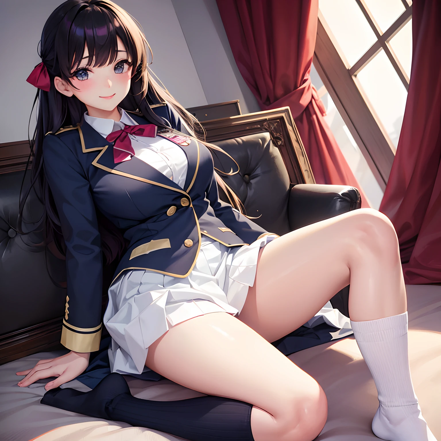 a beauty girl,Ribbon on uniform,blazers,A smile,girl,anime a girl,top-quality,Colossal tits,masterpiece,Excellent style,Erotic Cute,long,超A high resolution,beautiful a girl,Lovely girl,multicolored hair,Loose socks,