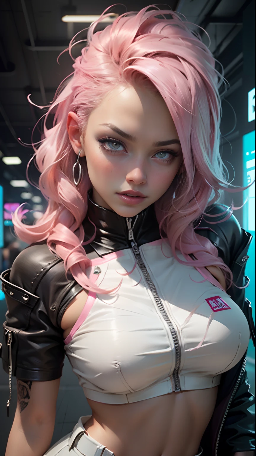 Beautiful woman, pink highlights in hair, hair parted in the middle, unruly hair, pink lipstick, white leather clothes, white leather pants, long breasts, cyberpunk style, realistic detailed, close up, portrait, perfect skin, indoors, biting lip, looking at viewer