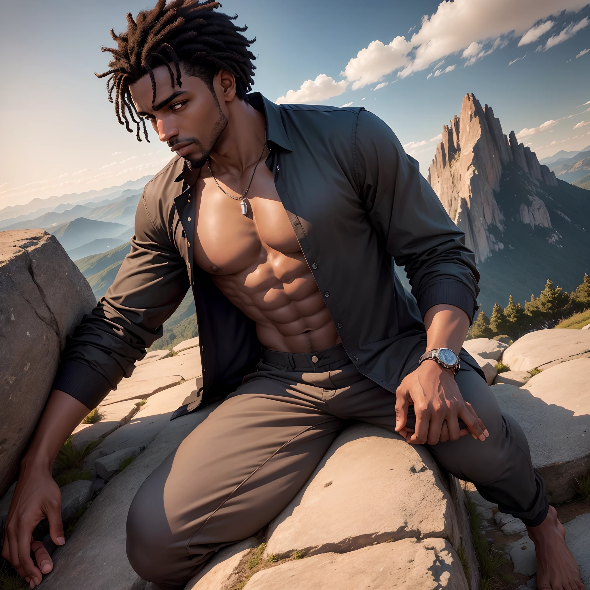 Imagine um homem negro de estatura alta, de cerca de 1,85 metros, com uma postura majestosa de costas. Ele veste roupas simples, uma camisa de manga longa, The black man on the mountain seems to be communing with nature, absorvendo a serenidade, Its a beautiful landscape that conveys satisfaction