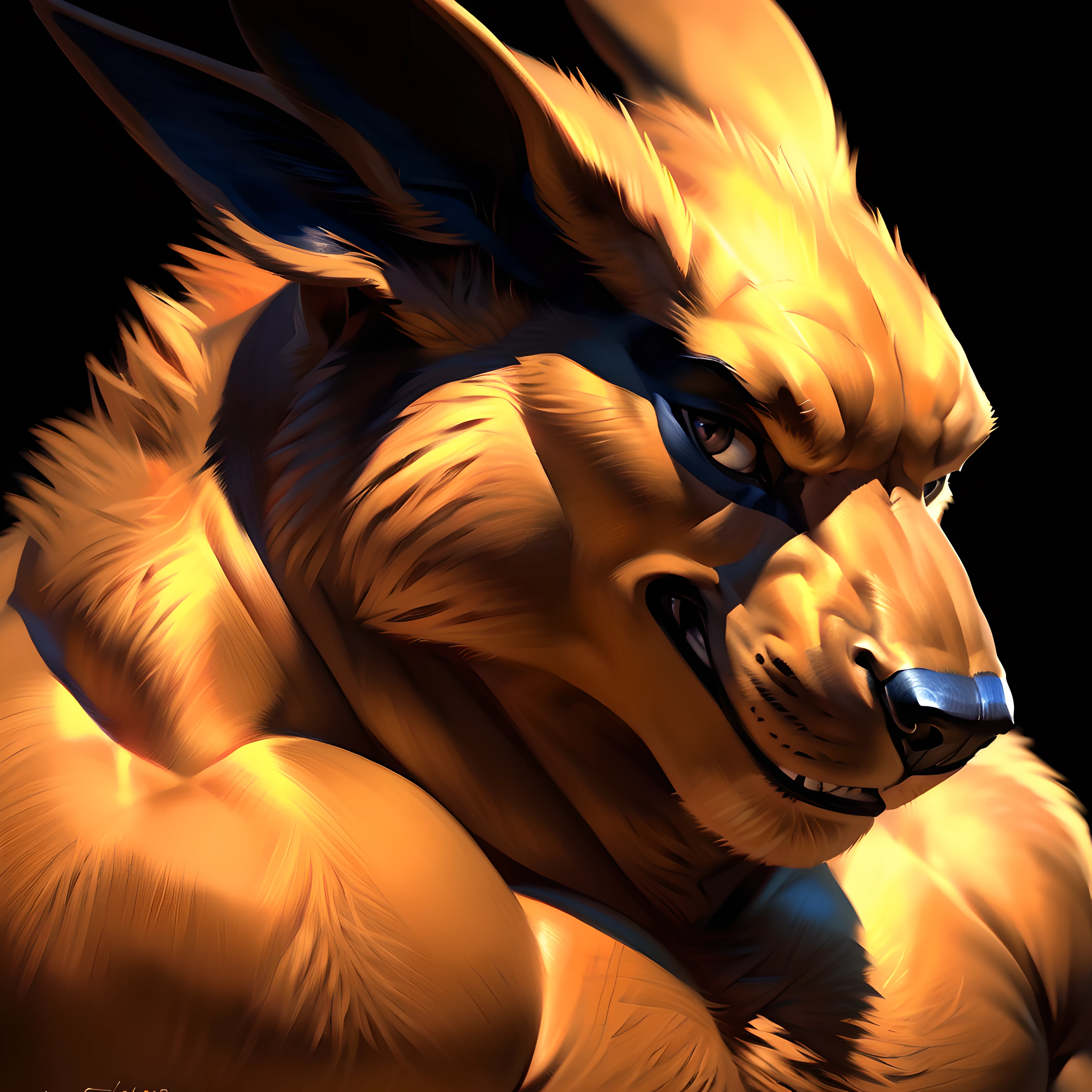 kurama, 4k, high resolution, best quality, posted on e621, solo, anthro body, male, adult, very masculine, (very muscular, very defined muscles, strong pectorals, muscular neck:1.4), (heavyweight), correct anatomy, (black background, no background, featureless background:1.2), (by wfa:0.6), (by spelunker_sal:0.6), (taran fiddler anatomy, by taran fiddler, chunie lighting:1.0), (detailed eyes:1.2), (detailed shading, photorealistic shading, masterpiece:1.2), confident, proud, strong, flexing muscles, angry face, furrowed brows, (looking at viewer:1.2), close-up, orange fur