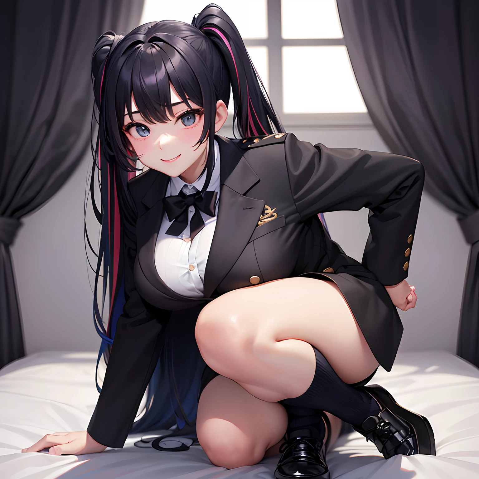 a beauty girl，Black uniform with ribbon blazer，A smile，girl，anime a girl，top-quality，Colossal tits，​masterpiece，Excellent style，Erotic Cute，long，超A high resolution，beautiful a girl，Lovely girl，multicolored hair，Loose socks，