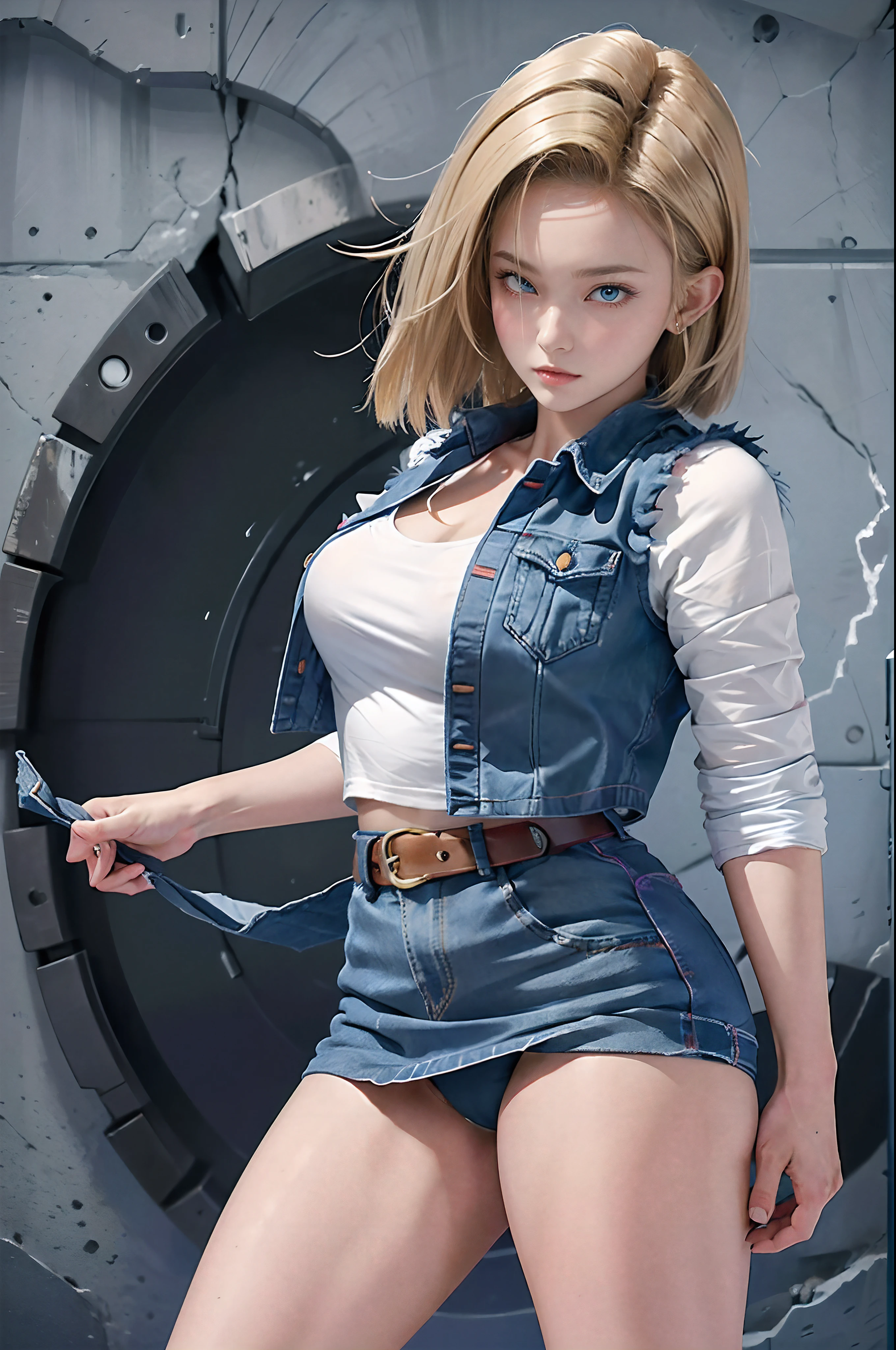 Hyper detailed image, UHD, 16k, professional photo, (Realistic photo of Android-18 From Dragon Ball Z) girl Goddess of beauty, very straight short blonde hair, serious face expression, ((she wears a blue denim jacket and a cropped white shirt, short white underground showing the flesh of the breast)), erotic, open denim jacket showing her impressive, beautiful and perfect big breasts, sagging natural breasts, (breasts, ultra giant pointed long breasts sticking out of the jacket), big skinny, full body with curves, pert ass, she wears a belt and a (((blue denim skirt lifted up showing micro panties stuck in her pussy, bubian hair showing))), brown boots, perfect hands and fingers,
android 18, sexy saiyan girl, she releases blasts of power, ki, Official Art, Android-18 Sexy female, official character art, sexy female protagonist, curved body, thin and fit, legs open, harangued :8, Akiri Toriyama, Director: Akira Toriyama, Bulma from Dragon Ball, Best Anime Character Design, Style Akira Toriyama, beautiful single character, semi-nude, (great lighting)