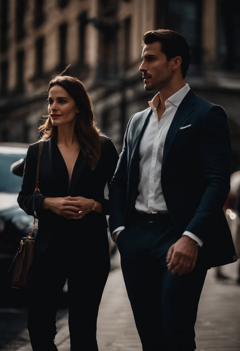 A very handsome man, 29 years old, dark brown hair, Italian origin, wears suit, talks, stands and looks at a beautiful young English woman, wears executive clothes on a sidewalk in the big city,