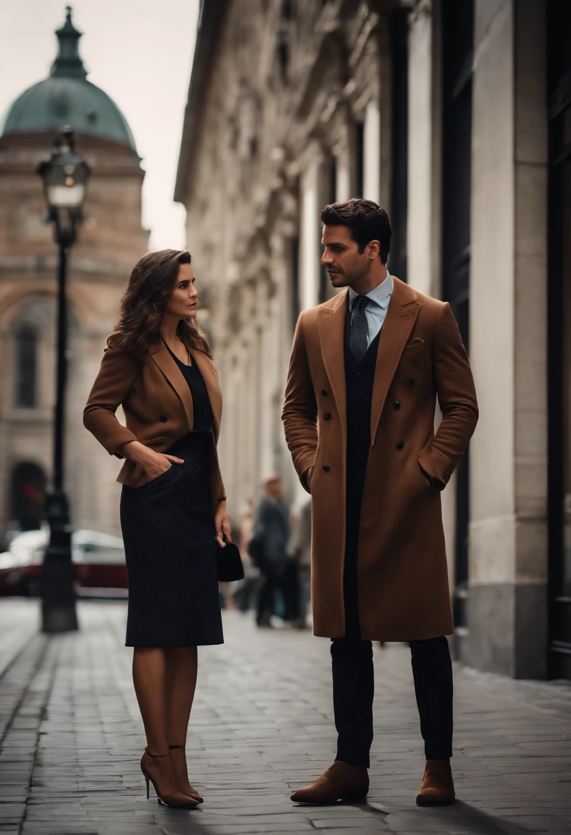 A very handsome man, 29 years old, dark brown hair, Italian origin, wears suit, talks, stands and looks at a beautiful young English woman, wears executive clothes on a sidewalk in the big city,