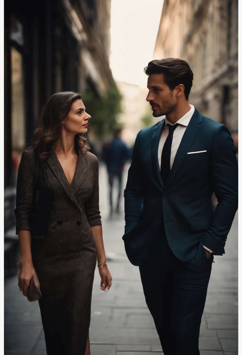 A very handsome man, 29 years old, dark brown hair, Italian origin, wears suit, talks, stands and looks at a beautiful young English woman, wears executive clothes on a sidewalk in the big city,