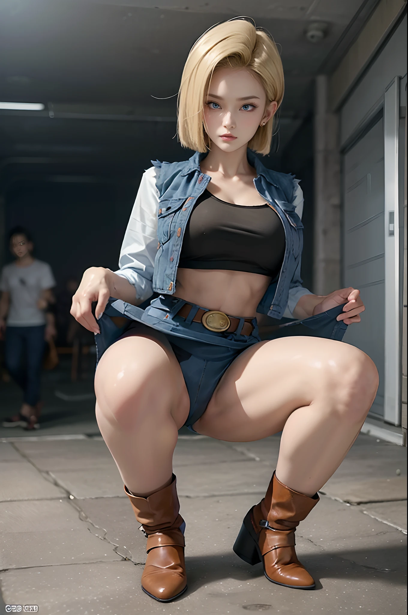 Hyper detailed image, UHD, 16k, professional photo, (Realistic photo of Android-18 From Dragon Ball Z) girl Goddess of beauty, very straight short blonde hair, serious face expression, ((she wears a blue denim jacket and a cropped white shirt, short white underground showing the flesh of the breast)), erotic, open denim jacket showing her impressive, beautiful and perfect big breasts, sagging natural breasts, (breasts, ultra giant pointed long breasts sticking out of the jacket), big skinny, full body with curves, pert ass, she wears a belt and a (((blue denim skirt lifted up showing micro panties stuck in her pussy, bubian hair showing))), brown boots, perfect hands and fingers,
  android 18, sexy saiyan girl, she releases blasts of power, ki, Official Art, Android-18 Sexy female, official character art, sexy female protagonist, curved body, thin and fit, legs open, harangued :8, Akiri Toriyama, Director: Akira Toriyama, Bulma from Dragon Ball, Best Anime Character Design, Style Akira Toriyama, beautiful single character, semi-nude, (great lighting)