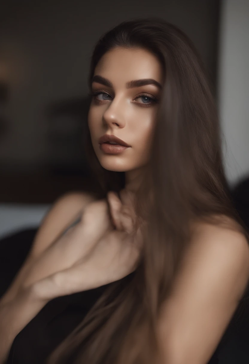 Arafed woman with black clothes, fille sexy aux yeux bruns, Portrait Sophie Mudd, cheveux noirs et grands yeux, selfie of a young woman, Yeux de chambre, Violet Myers, sans maquillage, maquillage naturel, looking straight at camera, Visage avec Artgram, Maquillage subtil, Superbe photo du corps entier, dans la chambre, clivage