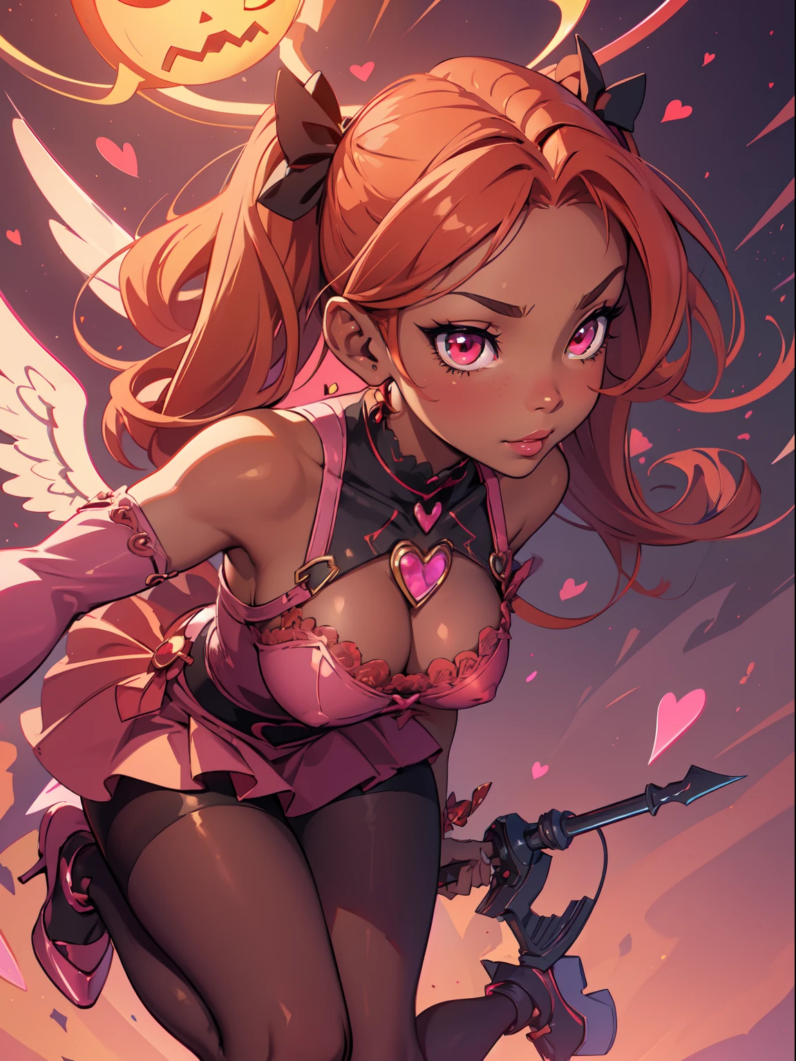 darkskin++++, dark brown skin:1.2+, orange hair++++, twintails++, red eyes+++, big breast+, plump lips++ thick lips, angel wings+++, heart symbols++++, bow symbol+, halloween pumkin+, streetlight, magical wand+, pink wand+, love wand+, white robe++, jewelry+ short skirt, gold strap+, detailed clothes+, halo++, eyelashes+, evil smirk+++, thick thighs++, pink heels++, detailed shoes+, extremely detailed artgerm, detailed eyes, 4 k digital art, smooth art, close up, lacepantyhose, leaning forward, selfie++, facing forward, front view++, evil+, blood on face, blood++,