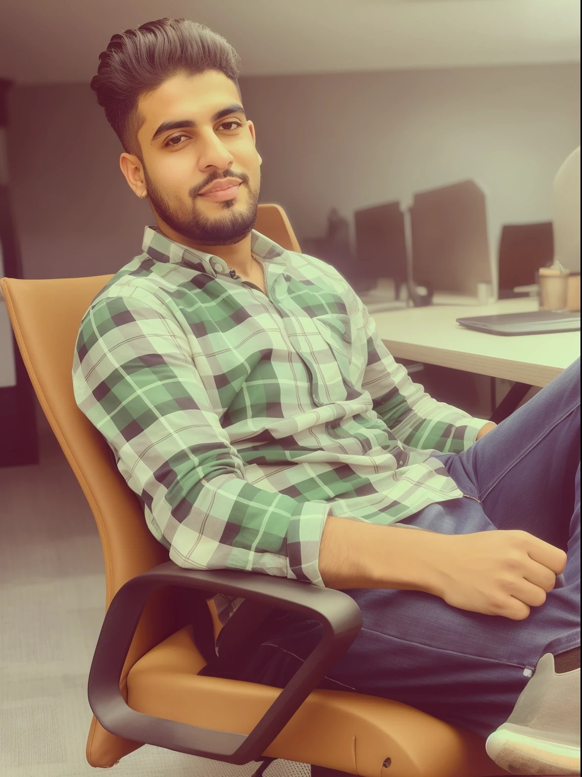 there is a man sitting in a chair with his feet up, sitting down casually, mohamed chahin style, riyahd cassiem, mohamed chahin, sitting in office, emad mostaque, ismail, kyza saleem, khyzyl saleem, sitting on chair, sitting on a chair, casual pose, ahmad merheb, sitting in a chair