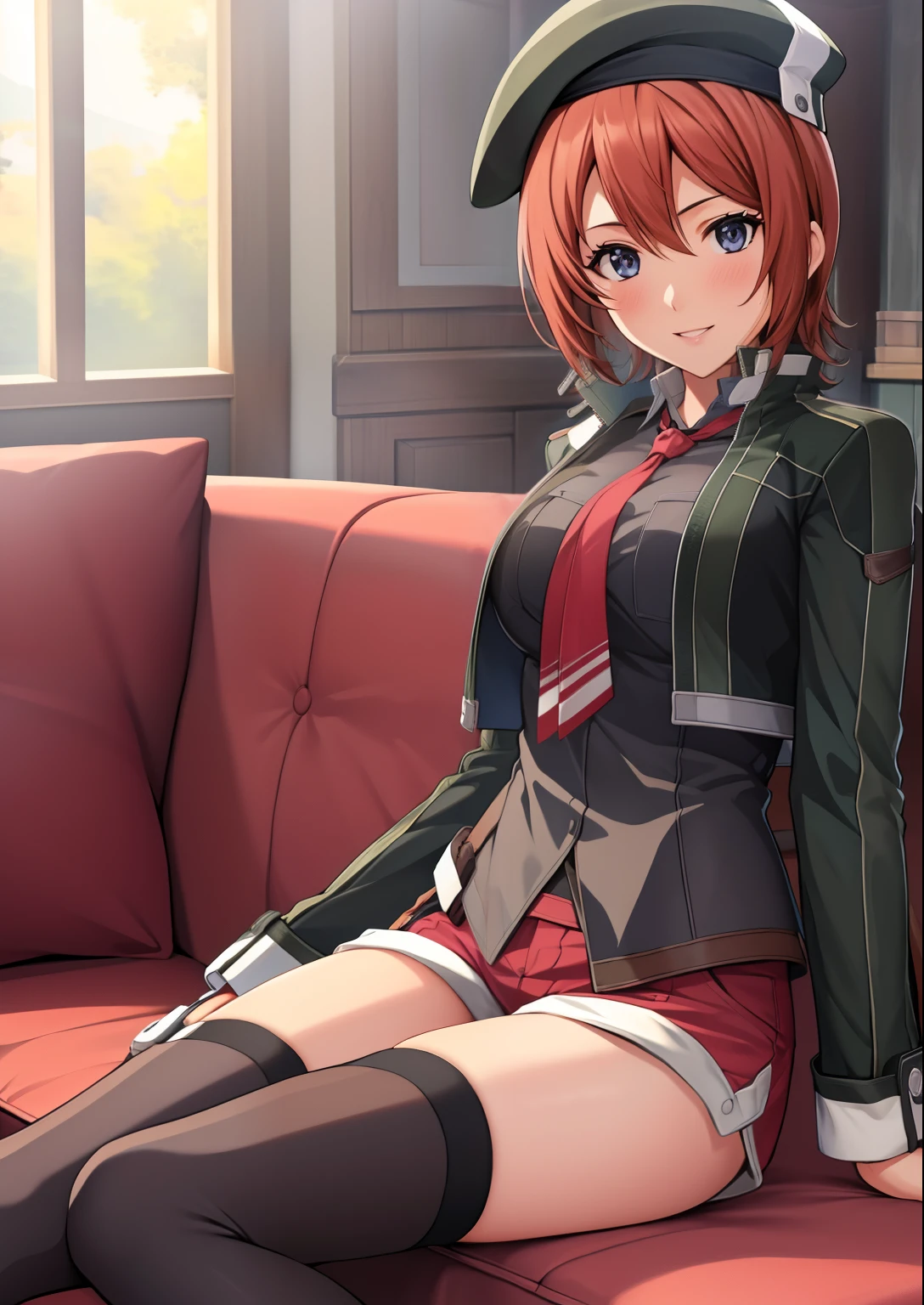 ​masterpiece, top-quality, Noel Seeker, beret, Green jacket, Black shirt, neck tie, Red shorts, black thighhighs, long boots, Smile, blush, livingroom, sitting in the couch, Black eyes,Official art,Highly detailed CG Unity 8k wallpaper, Perfect Lighting,Colorful, Bright_front_Face_Lighting, (masutepiece:1.0),(best_quality:1.0), 超A high resolution,4K,Ultra-detailed, Photography, 8K, nffsw, hight resolution,