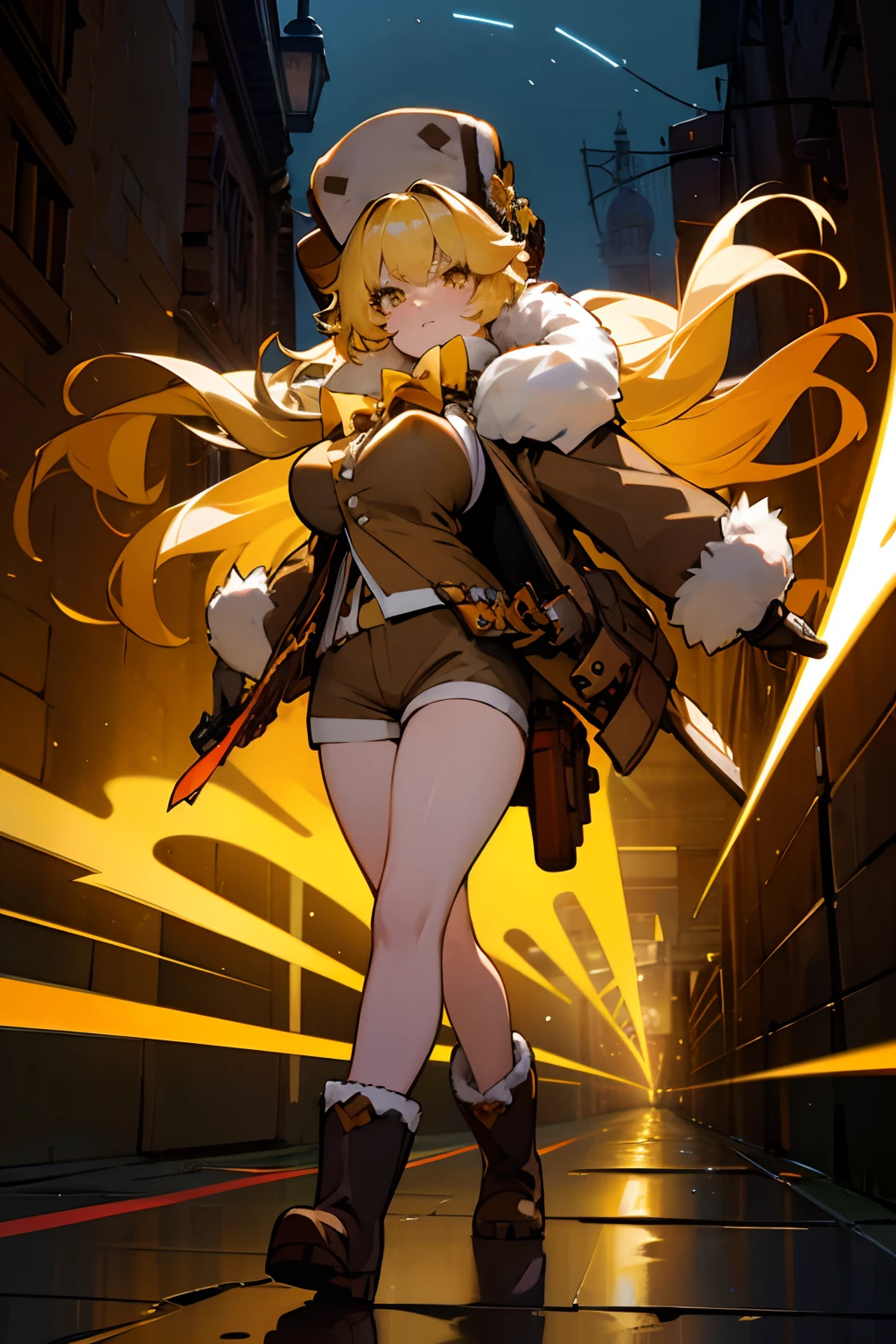 masterpiece, best quality, ((hook)), blonde hair, (yellow hair), gloves, yellow eyes, boots, 1girl, (fur trim), (jacket), bangs, bow, (fur hat), (shorts), looking at viewer, long hair, walking, solo focus, brown gloves, brown footwear, open clothes, long sleeves, full body, bowtie, shirt, (open jacket), (brown shorts), (brown jacket), adult body, athletic body, divine proportions, large breasts, busty, (sexy), sexy legs, angry, tsundere, dark alley, night, cobblestone streets, soft orange lighting, dynamic perspective, night life, (8k), (best quality), (masterpiece: 1.2), (realistic), (photorealistic: 1.37), ultra detailed, one girl, viewer watching, full body, 28 years old.