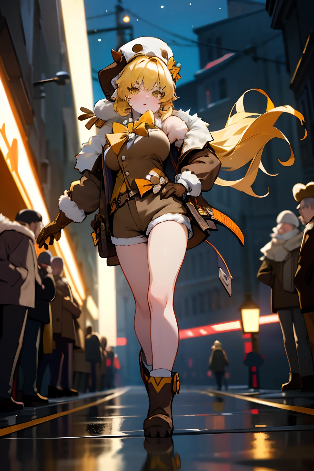 masterpiece, best quality, ((hook)), blonde hair, (yellow hair), gloves, yellow eyes, boots, 1girl, (fur trim), (jacket), bangs, bow, (fur hat), (shorts), looking at viewer, long hair, walking, solo focus, brown gloves, brown footwear, open clothes, long sleeves, full body, bowtie, shirt, (open jacket), (brown shorts), (brown jacket), adult body, athletic body, divine proportions, large breasts, busty, (sexy), sexy legs, angry, tsundere, dark alley, night, cobblestone streets, soft orange lighting, dynamic perspective, night life, (8k), (best quality), (masterpiece: 1.2), (realistic), (photorealistic: 1.37), ultra detailed, one girl, viewer watching, full body, 28 years old.