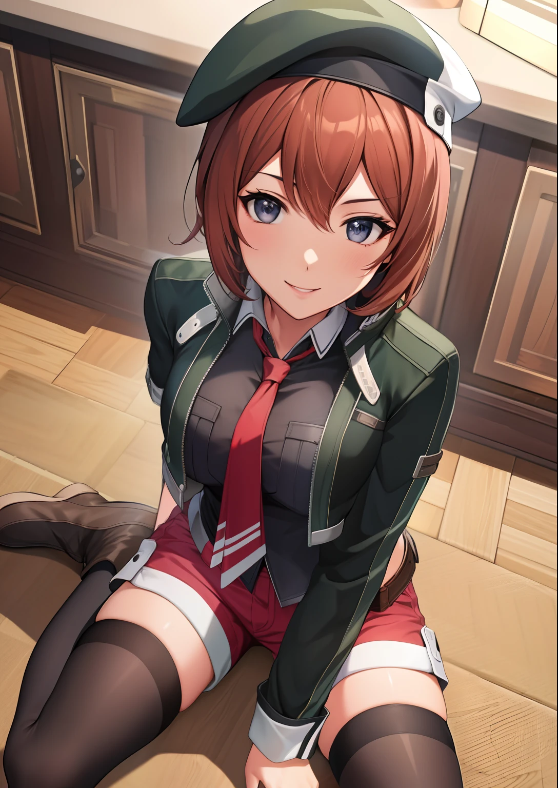 ​masterpiece, top-quality, Noel Seeker, beret, Green jacket, Black shirt, neck tie, Red shorts, black thighhighs, long boots, Smile, blush, livingroom, sitting in the couch, Black eyes,Official art,Highly detailed CG Unity 8k wallpaper, Perfect Lighting,Colorful, Bright_front_Face_Lighting, (masutepiece:1.0),(best_quality:1.0), 超A high resolution,4K,Ultra-detailed, Photography, 8K, nffsw, hight resolution,