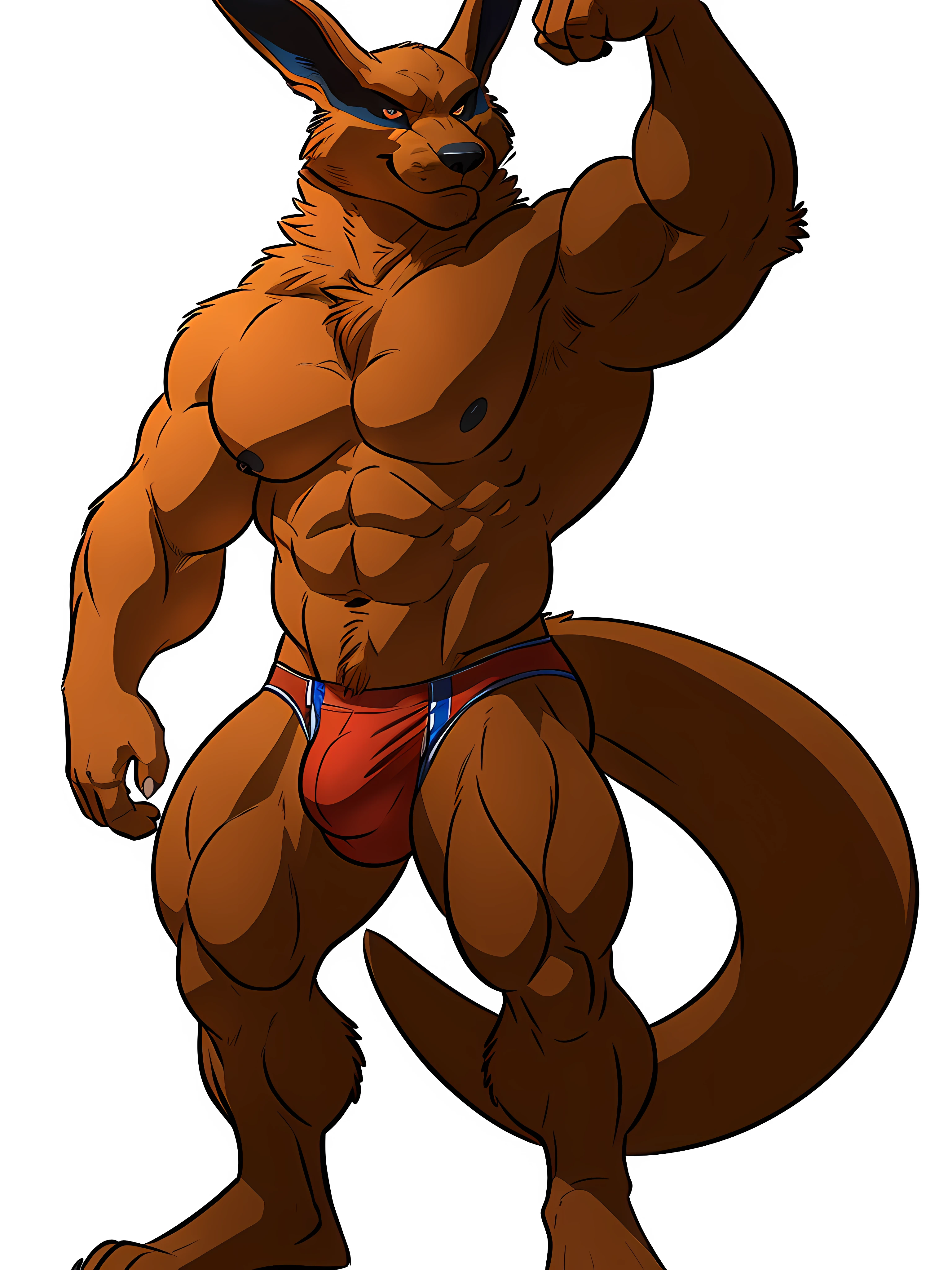 kurama, 4k, high resolution, best quality, posted on e621, solo, anthro body, male, adult, very masculine, (very muscular, very defined muscles, strong pectorals, large pecs, muscular arms, muscular legs, biceps, lats, abs:1.2), (heavyweight:1.0), correct anatomy, (white background, no background, featureless background:1.2), (by wfa:1.0), (by spelunker_sal, by negger:0.6), (taran fiddler anatomy:1.0), (cel shaded, cartoony coloring, cartoony shading, black lineart, black outline:1.2), (red speedos:1.1), bulge, (detailed face, detailed eyes:1.2), confident, proud, strong, flexing biceps, stoi face, (looking at viewer:1.2), black nipples