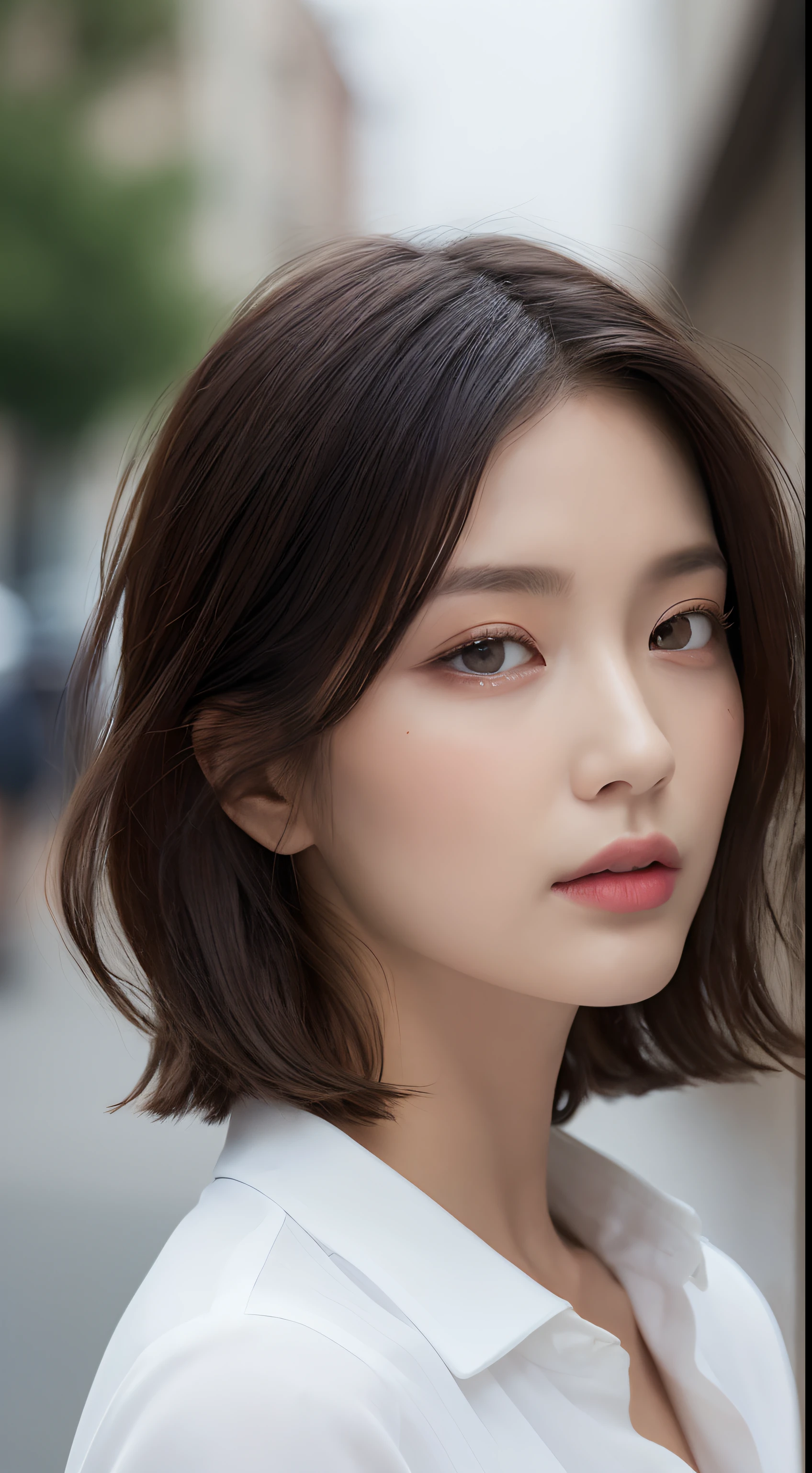 ((Best Quality, 8K, Masterpiece: 1.3)), Sharp: 1.2, Perfect Body Beauty: 1.4, Slim Abs: 1.2, ((Layered Hairstyle, Big Breasts: 1.2)), (Wet White Button Long Shirt: 1.1), (Rain, Street: 1.2), Wet: 1.5, Highly detailed face and skin texture, detailed eyes, double eyelids, side face looking at the camera