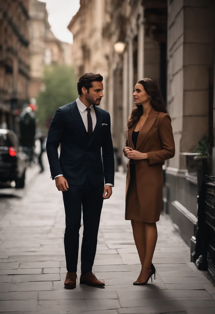 A very handsome man, 29 years old, dark brown hair, Italian origin, wears suit, talks, stands and looks at a beautiful young English woman, wears executive clothes on a sidewalk in the big city,