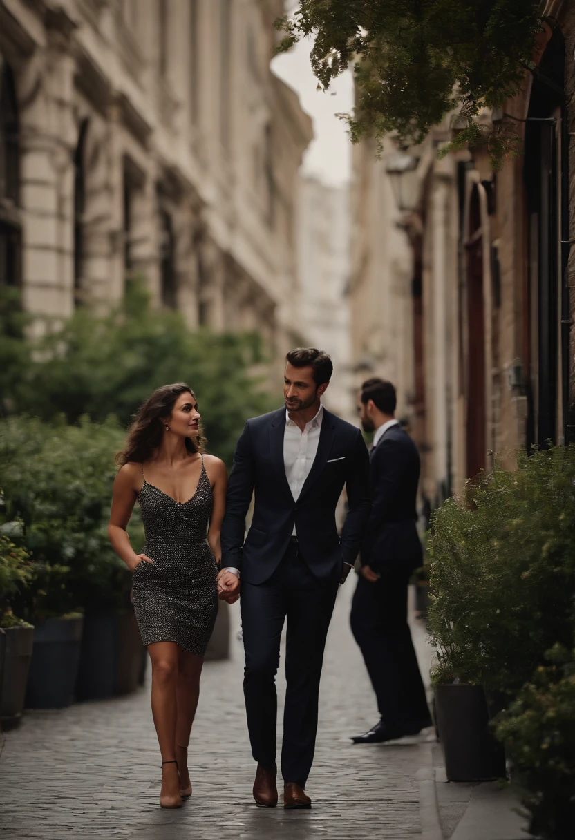 A very handsome man, 29 years old, dark brown hair, Italian origin, wears suit, talks, stands and looks at a beautiful young English woman, wears executive clothes on a sidewalk in the big city, real photo