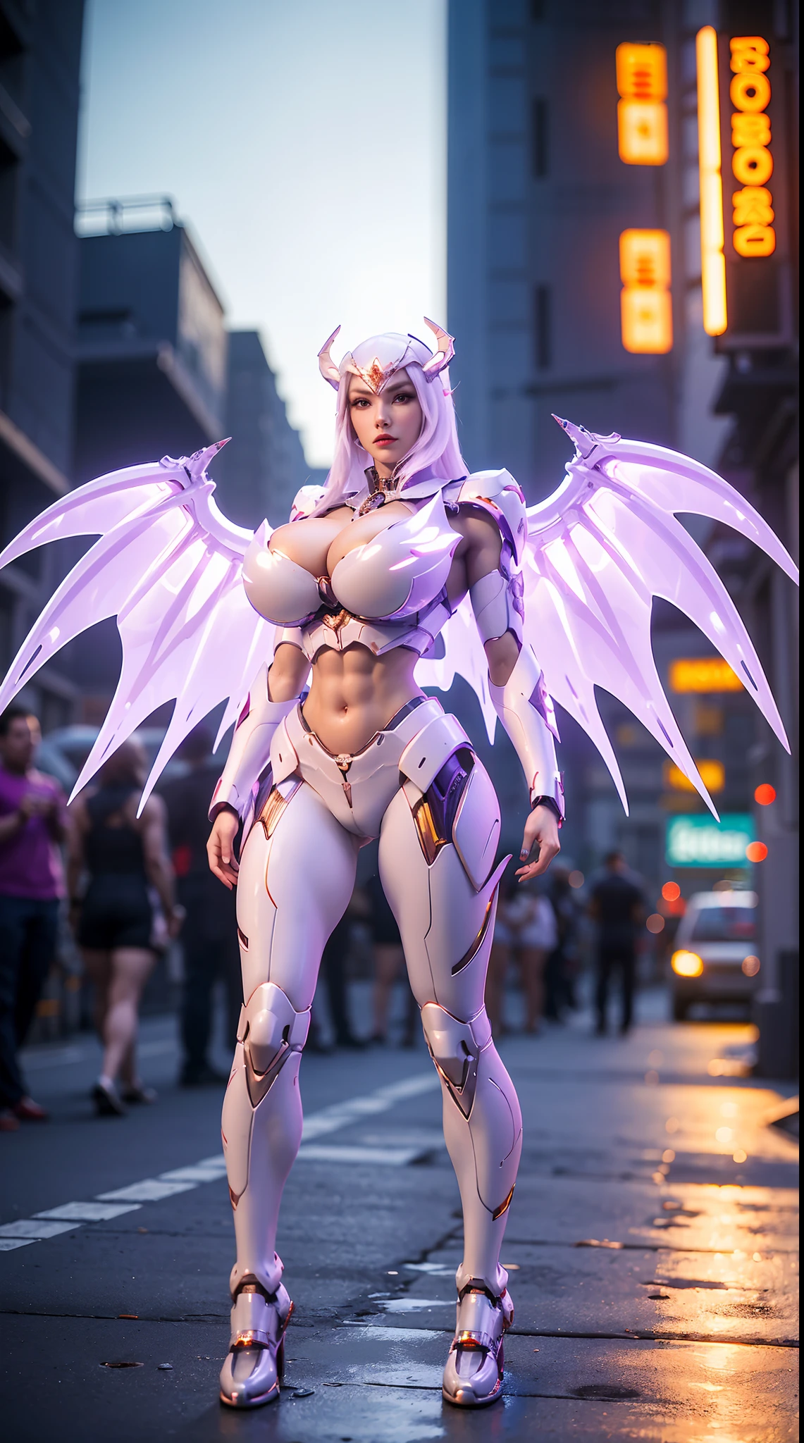 1GIRL, SOLO, (DRAGON HORN HELMET), (HUGE FAKE BOOBS:1.3), (WHITE, RED, PURPLE), (FUTURISTIC MECHA CROP TOP, A PAIR HUGE MECHANICAL WINGS, CLEAVAGE:1.4), (SKINTIGHT YOGA PANTS, HIGH HEELS:1.2), (SEXY BODY, MUSCLE ABS, LONG LEGS, FULL BODY VIEW:1.5), (LOOKING AT VIEWER:1.5), (WALKING DOWN STREET CYBER NIGHT CITY:1.2), ULTRA HIGHT DEFINITION, 8K, 1080P.