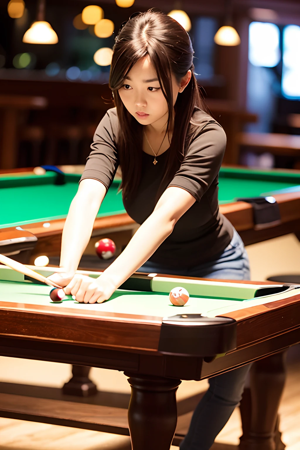 woman playing billiard in bar