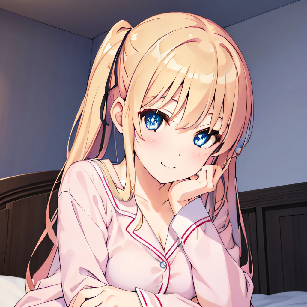 ((masterpiece)), ((best quality)), (ultra-detailed), anime style, on the bed, a cute girl, 1girl, solo, pajama00, ((beautiful eyes)), large breast, smile