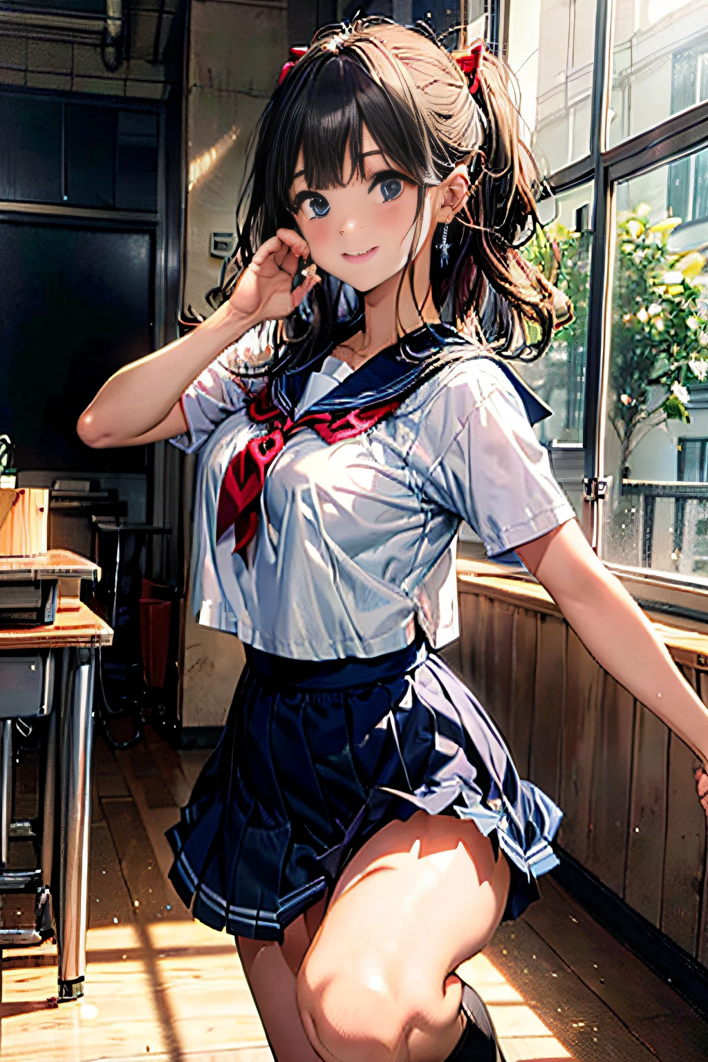 Idol,with round face,A smile that makes the viewer happy,Background classroom,desk work,window,(((Intense dance motion:1.3))),(Rhythmic dance with hands on the chest:1.3),(((Dance that emphasizes breasts:1.3))),(Stand up and raise one knee:1.3),Add a motion blur effect to simulate motion,(Dynamic and sexy dance poses),(bending forward:1.3),(((Schoolgirl sailor suit))),large full breasts,Disturbance of clothing due to movement,(Dark blue ruffled skirt floating with dance moves:1.3),Red ribbons,short wavy hair with shiny silver and orange stripes,disheveled hair,Floating hair,gazing at viewer,(Sunlight),(in 8K,masutepiece,top-quality,Ultra-high resolution output image,),(intricate detailes,),(Image Mode to Ultra HD),Beautiful hands,Beautiful fingers,Detailed finger features,detailed clothes features,Detailed hair features,detailed facial features,