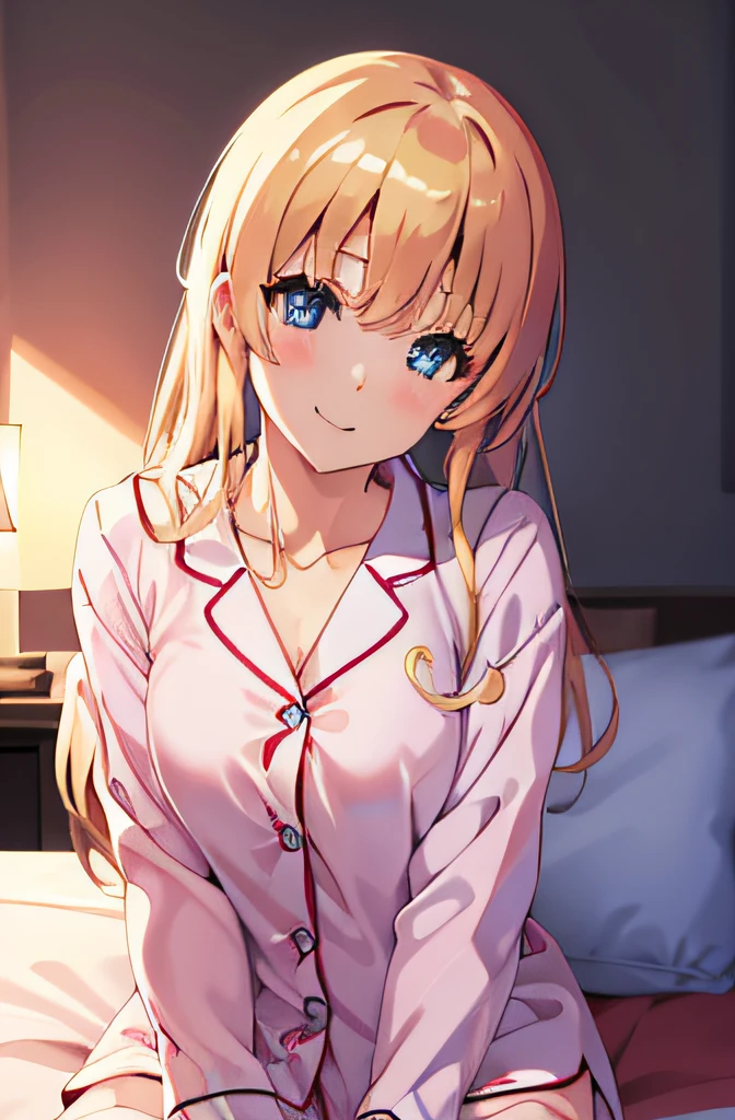 ((masutepiece)), ((Best Quality)), (Ultra-detailed), Anime style, on the bed, Cute *********** s, 1girl in, Solo, Pajamas 00, ((Beautiful eyes)), large full breasts, Smile