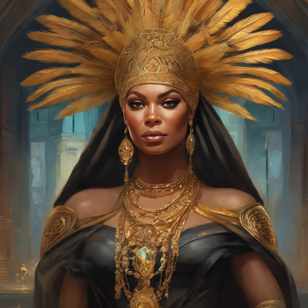 A painting of Beyoncé with a golden headdress and a black dress, Mucha Klimt e Tom Bagshaw, Bel arte UHD 4K, Arte digital altamente detalhada em 4k, exquisite digital illustration, WLOP complexo, Arte Nova! Cyberpunk! Estilo, Arte digital detalhada em 4k, mucha estilo 4k, Jen Bartel, Cyberpunk Arte Nova
