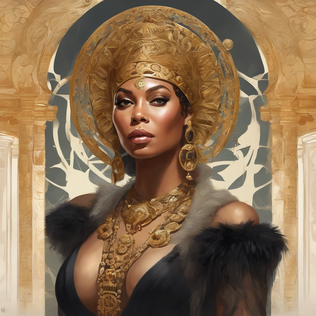 A painting of Beyoncé with a golden headdress and a black dress, Mucha Klimt e Tom Bagshaw, Bel arte UHD 4K, Arte digital altamente detalhada em 4k, exquisite digital illustration, WLOP complexo, Arte Nova! Cyberpunk! Estilo, Arte digital detalhada em 4k, mucha estilo 4k, Jen Bartel, Cyberpunk Arte Nova