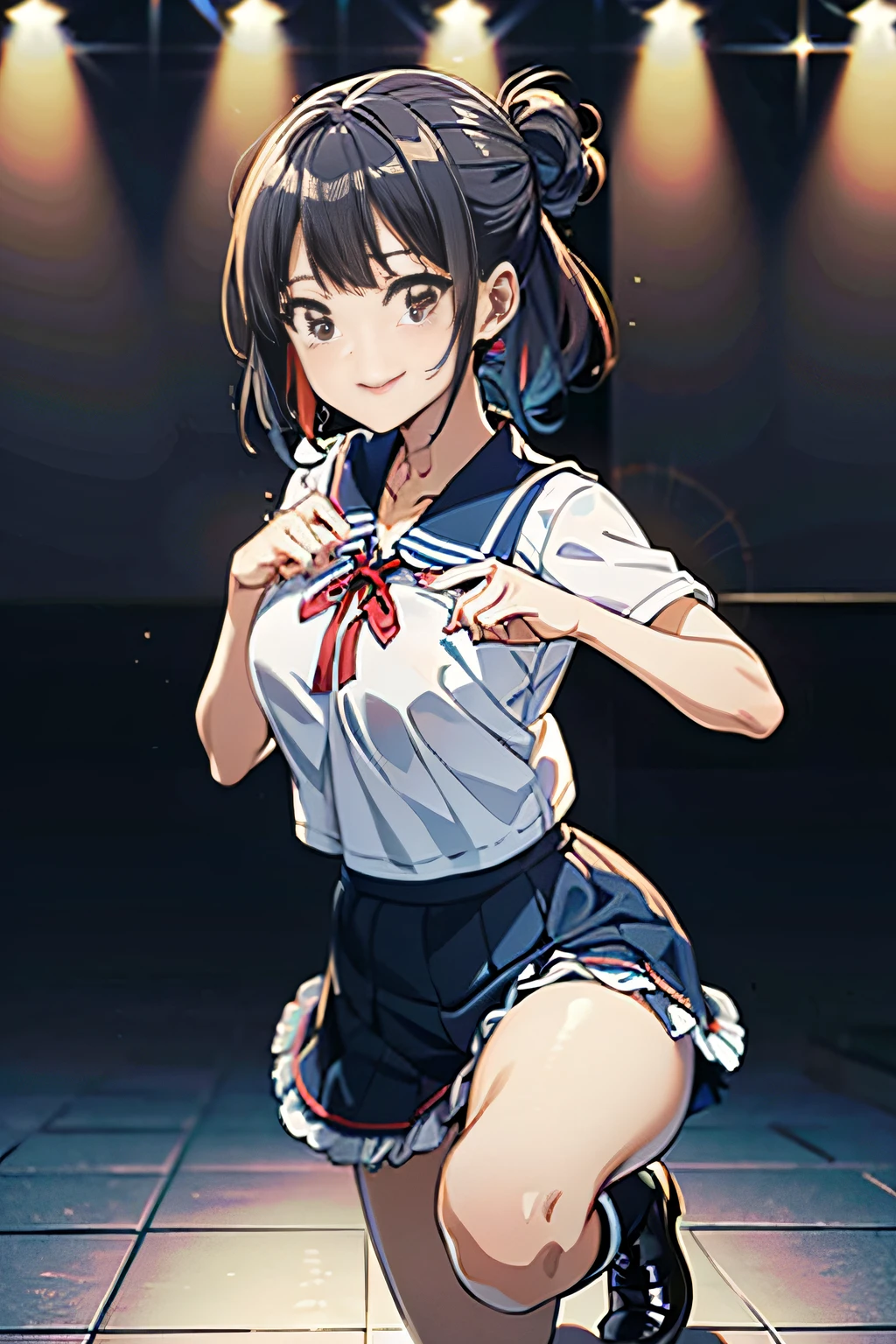 Main piece、high quality、High resolution、1 girl,single, Ruka Sarashina、jewelry、skirt、Sailor uniform that exposes the chest、Navy pleated skirt、Woman with black hair、short hair、black hair、black pantyhose, blue eyes, long sleeve,, bow, bow, blue hair band, bangs, big full breast, cleavage, Medium waist, medium hips, wide thighs, Cowboy photos, smile, fascinating, embarrassing, blush、In town、lots of people、crowd, looking at the viewer,from below、Low - Angle,very big breasts、cleavage、no bra、no panties、no panties、nipple、Serve nipple、Milk spurts out of nipple、Milk drips from nipple