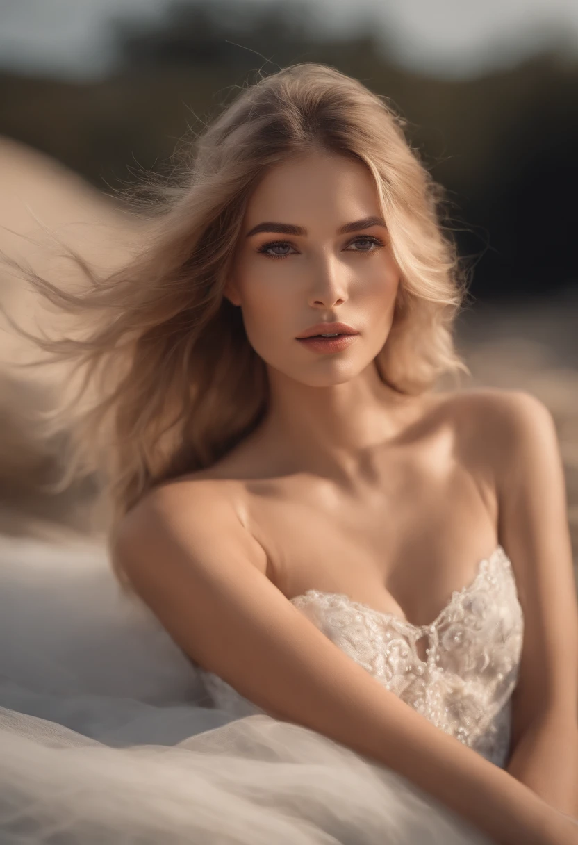 Fille de 14ans mince blonde avec des de taille moyenne et des seins ille moyenne avec des yeux bleus en lingerie blanche portant un collier serrant autour du coup avec un regard dominant