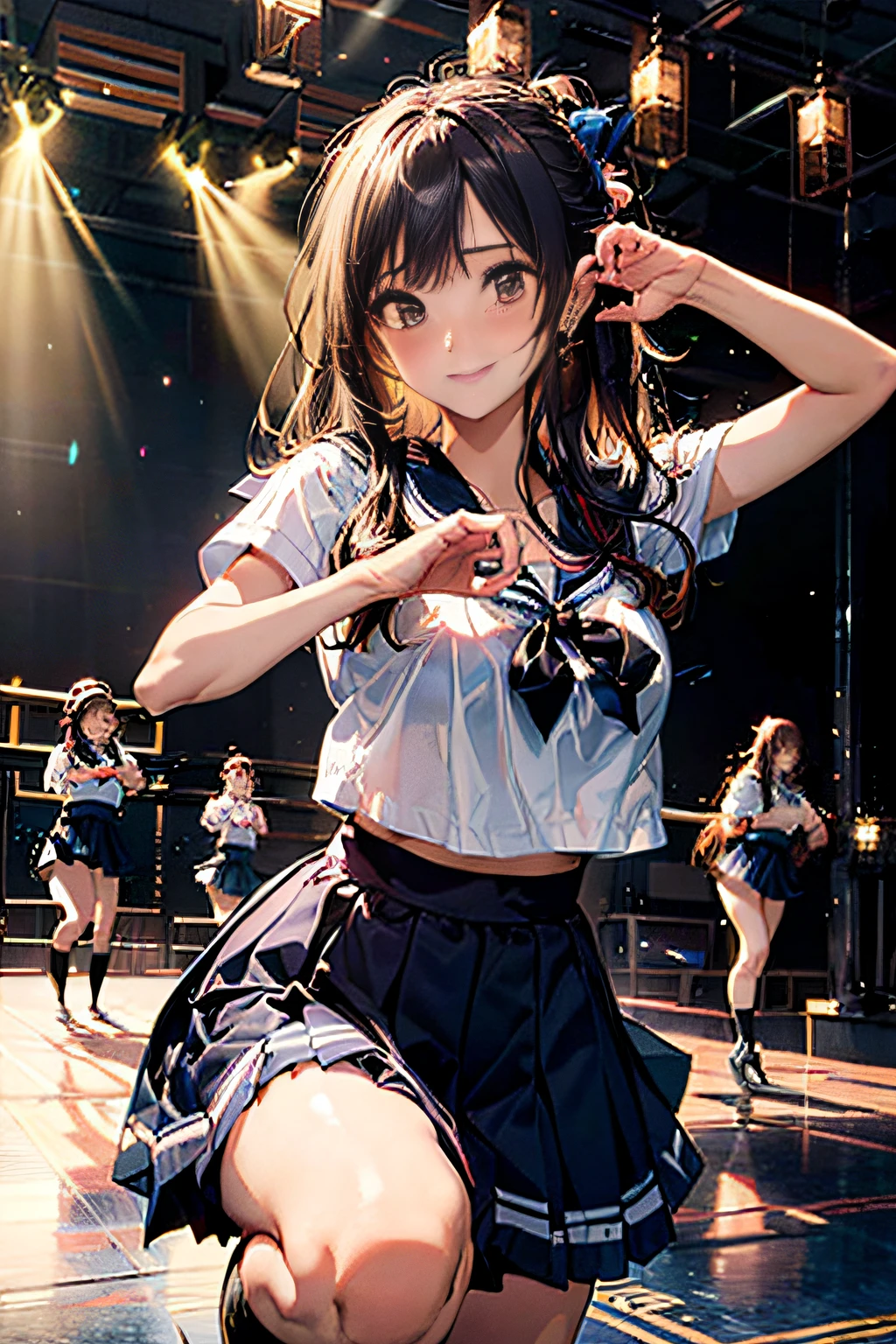 Idol,with round face,A smile that makes the viewer happy,Background classroom,(((Intense dance motion:1.3))),(Rhythmic dance with hands on the chest:1.3),(((Dance that emphasizes breasts:1.3))),(Stand up and raise one knee:1.3),Add a motion blur effect to simulate motion,(Dynamic and sexy dance poses),(bending forward:1.3),(((Schoolgirl sailor suit))),large full breasts,Disturbance of clothing due to movement,(Dark blue ruffled skirt floating with dance moves:1.3),Red ribbons,short wavy hair with shiny silver and orange stripes,disheveled hair,Floating hair,gazing at viewer,(Sunlight),(in 8K,masutepiece,top-quality,Ultra-high resolution output image,),(intricate detailes,),(From Image Mode to Ultra HD),Beautiful hands,Beautiful fingers,Detailed finger features,detailed clothes features,Detailed hair features,detailed facial features,