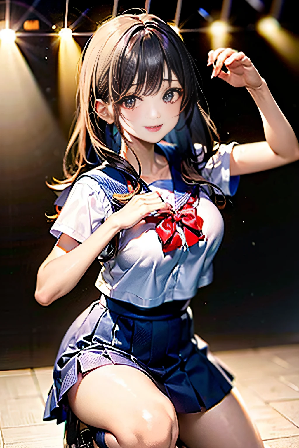 Idol,with round face,A smile that makes the viewer happy,Background classroom,(((Intense dance motion:1.3))),(Rhythmic dance with hands on the chest:1.3),(((Dance that emphasizes breasts:1.3))),(Stand up and raise one knee:1.3),Add a motion blur effect to simulate motion,(Dynamic and sexy dance poses),(bending forward:1.3),(((Schoolgirl sailor suit))),large full breasts,Disturbance of clothing due to movement,(Dark blue ruffled skirt floating with dance moves:1.3),Red ribbons,short wavy hair with shiny silver and orange stripes,disheveled hair,Floating hair,gazing at viewer,(Sunlight),(in 8K,masutepiece,top-quality,Ultra-high resolution output image,),(intricate detailes,),(Image Mode to Ultra HD),Beautiful hands,Beautiful fingers,Detailed finger features,detailed clothes features,Detailed hair features,detailed facial features,